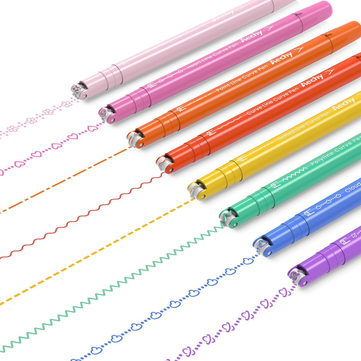 AECHY 8 Stück Curve Textmarker zum Notieren, Dual Tip Stifte mit 8 verschiedenen Kurvenformen & 8 Farben, feine Linien, Farbstifte Set für Kinder, Journaling, Schulanfang Zubehör