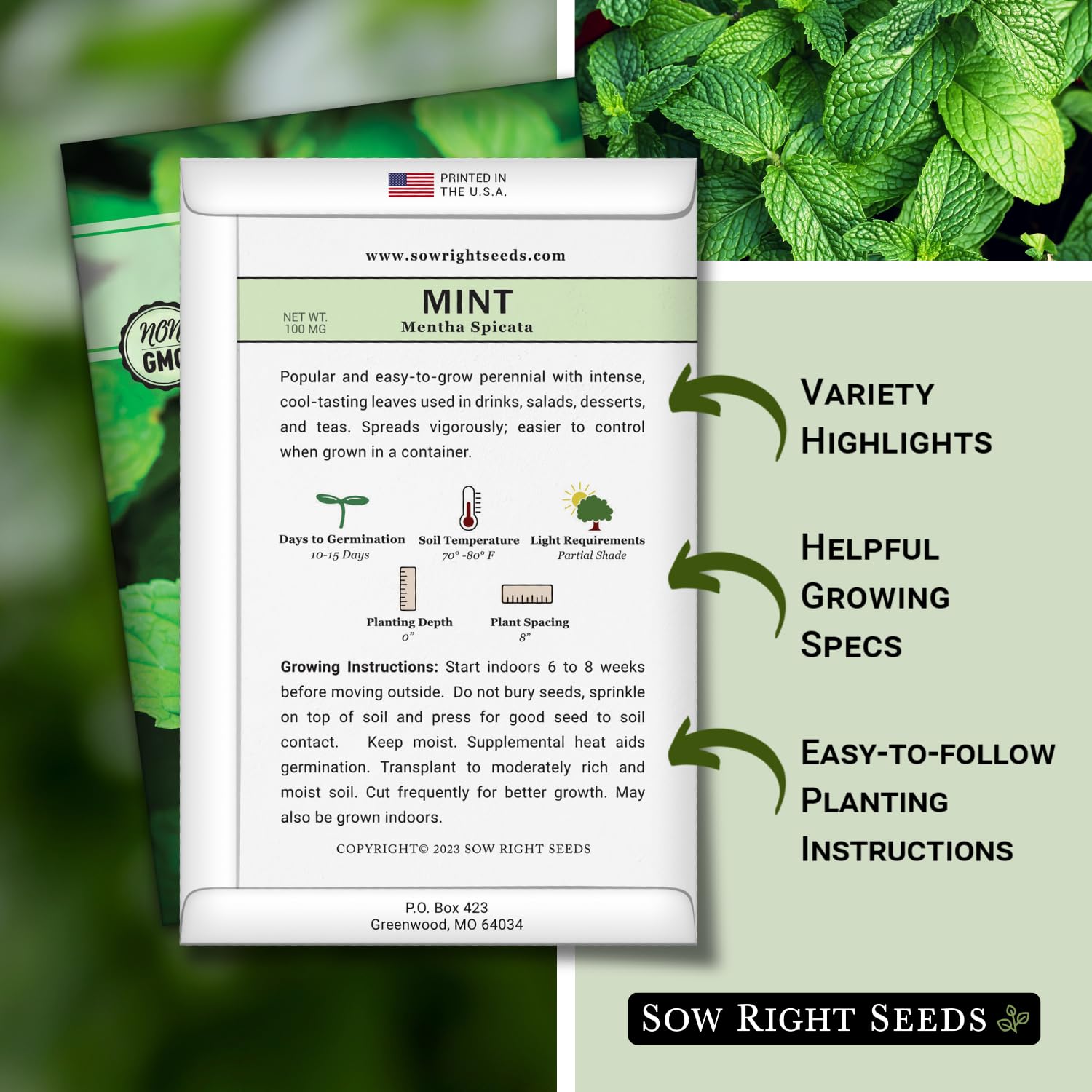 Sow Right Seeds - Mint Seed for Planting - Non-GMO Heirloom Packet with Instructions to Plant an Herbal Tea Garden - Indoors or Outdoor - Perennial and Fragrant - Hydroponics and Kitchen Gardening (1)