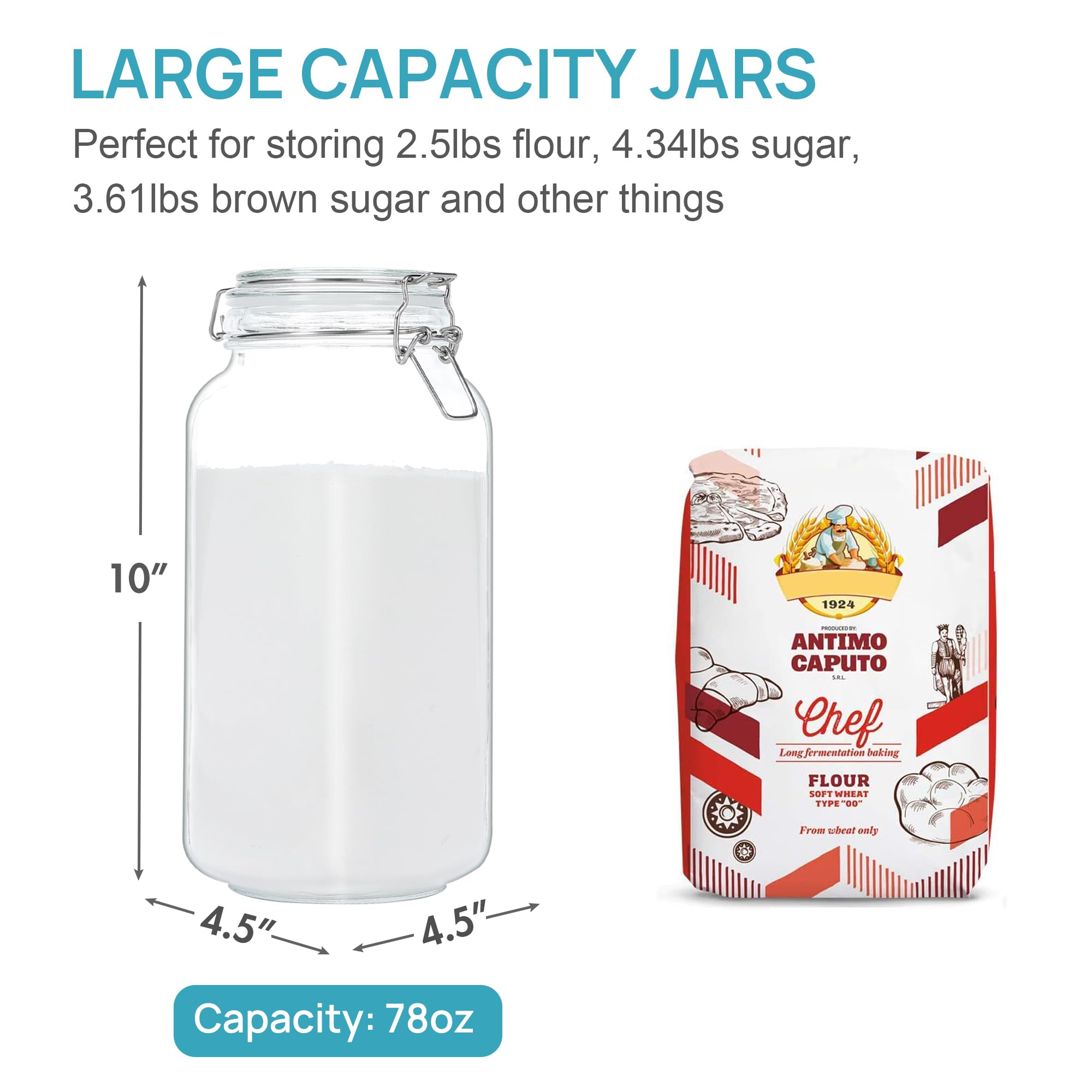 Vtopmart 78oz Glass Food Storage Jars with Airtight Clamp Lids, 3 Pack Large Kitchen Canisters for Flour, Cereal, Coffee, Pasta and Canning, Square Mason Jar with 8 Chalkboard Labels