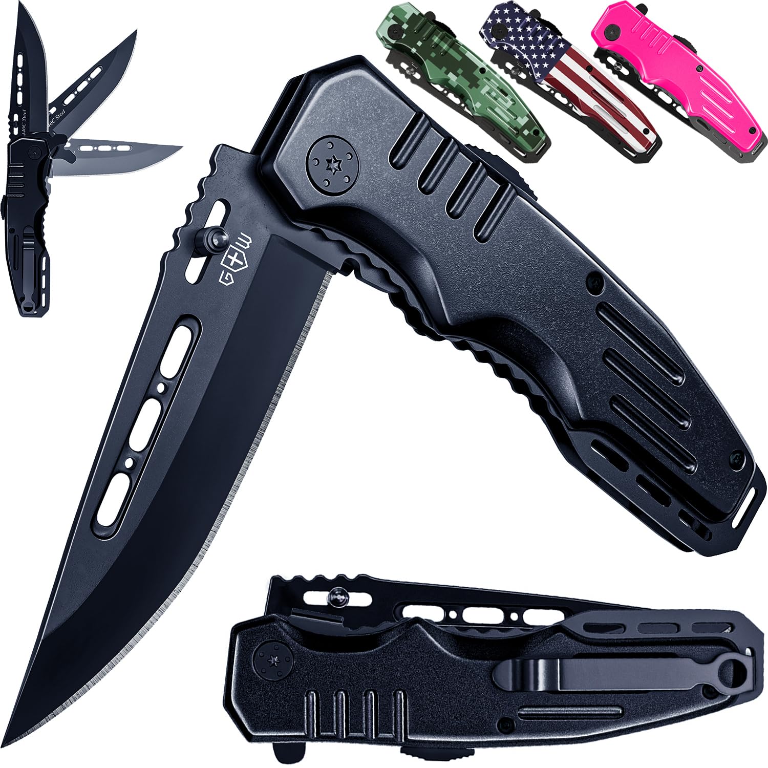 Safety Lock Pocket Knife - Spring Assisted 3.4-inch Sharp Blade - Folding Tactical Black Knife with Aluminum Handle - Ideal Knives Set for EDC Camping Hunting Survival - Birthday Gift for Men & Women 6681