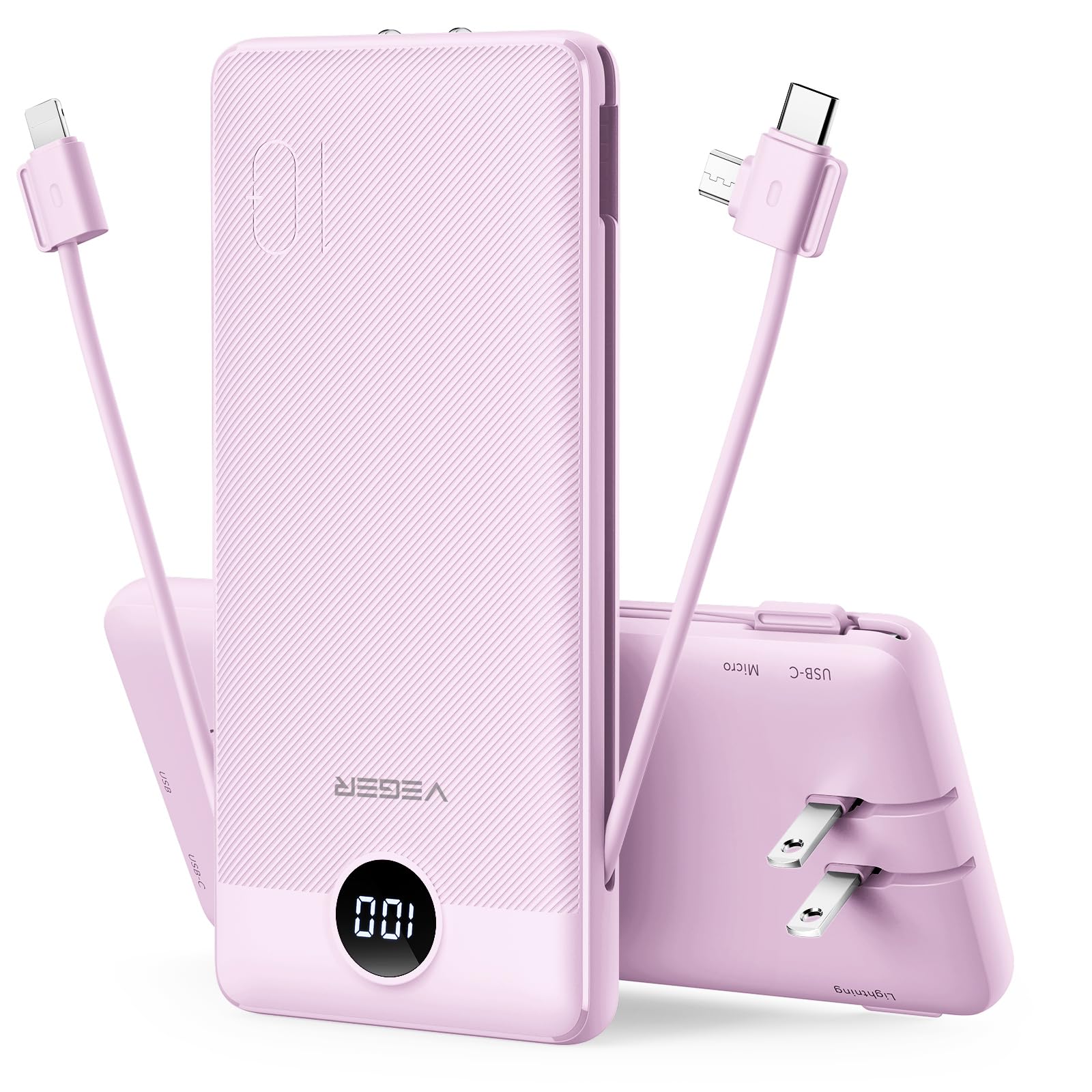 VEGER Portable Charger for iPhone Built in Cables and Wall Plug, 10000mah Slim Fast Charging USB C Power Bank, Travel Essential Battery Pack Compatible with iPhones, iPad, Samsung, and More(Black)