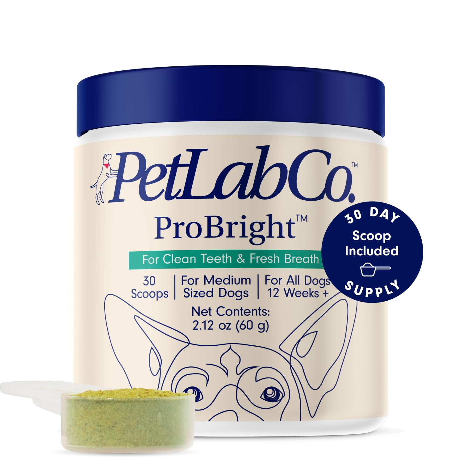PetLab Co. ProBright Dental Powder - Dog Breath Freshener - Teeth Cleaning Made Easy – Targets Tartar & Bad Breath - Formulated for Large Dogs