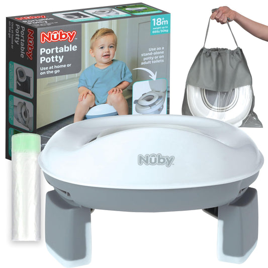 Nuby On-The-Go Portable Potty Seat - Travel Toilet Seat for Boys and Girls 18+ Months - Includes Storage Bag and Disposable Potty Liners - Toddler Travel Essentials - Toddler Potty Training Toilet