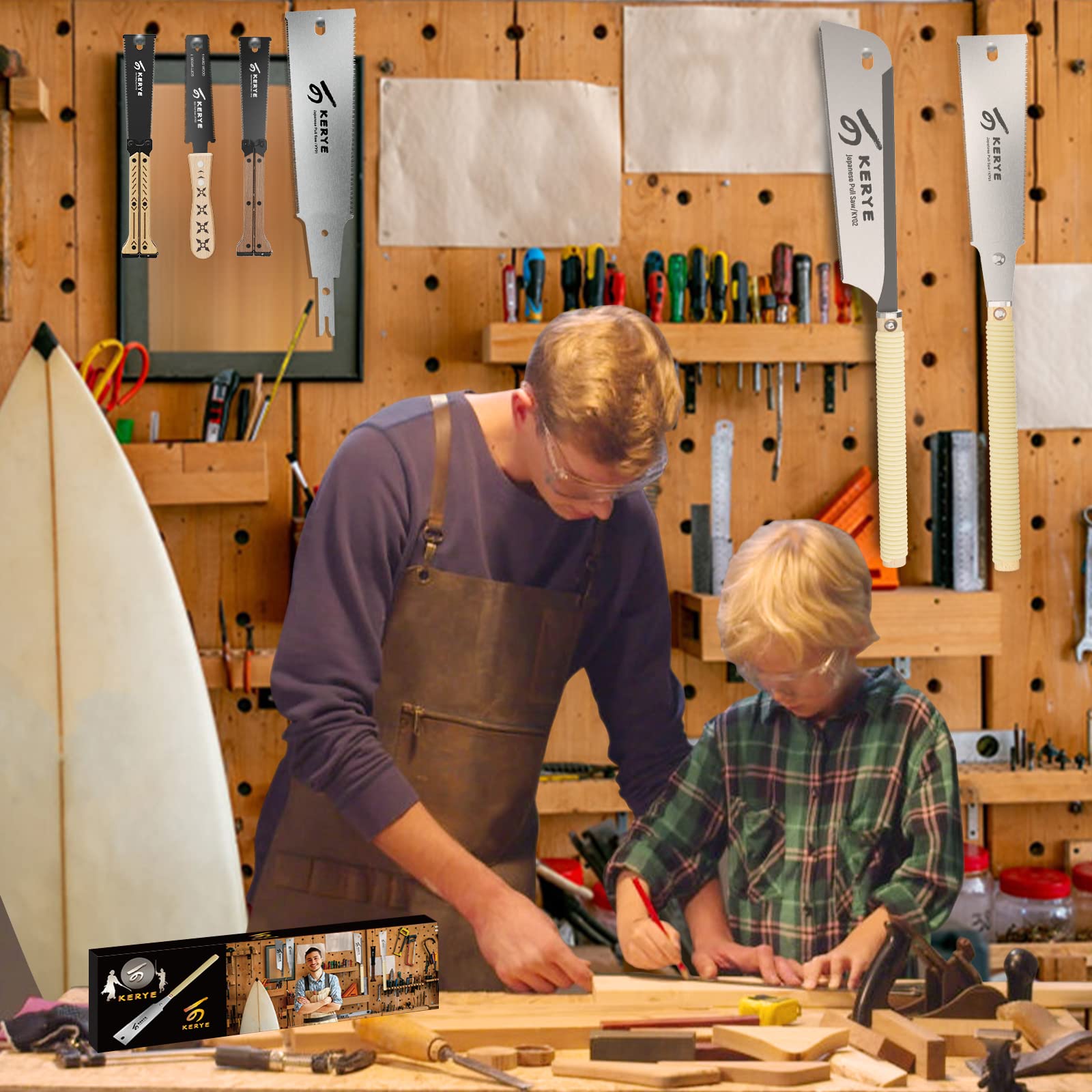 KERYE Japanese Pull Saw 9.5 Inch, Hand Saw with Double Edges of 10/17 TPI and Replaceable Blade, Ryoba Wood Cuttter, Sharp and Light Woodworking Tools Gifts for Men and Women-KY01