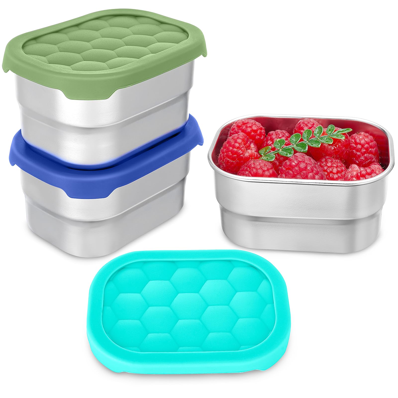 Gencywe 3 Pack Stainless Steel Snack Containers for Kids, 8 oz Easy Open Leak Proof Small Toddler Snack Containers with Silicone Lids, Stackable Metal Lunch Box for Daycare and School (Blue)