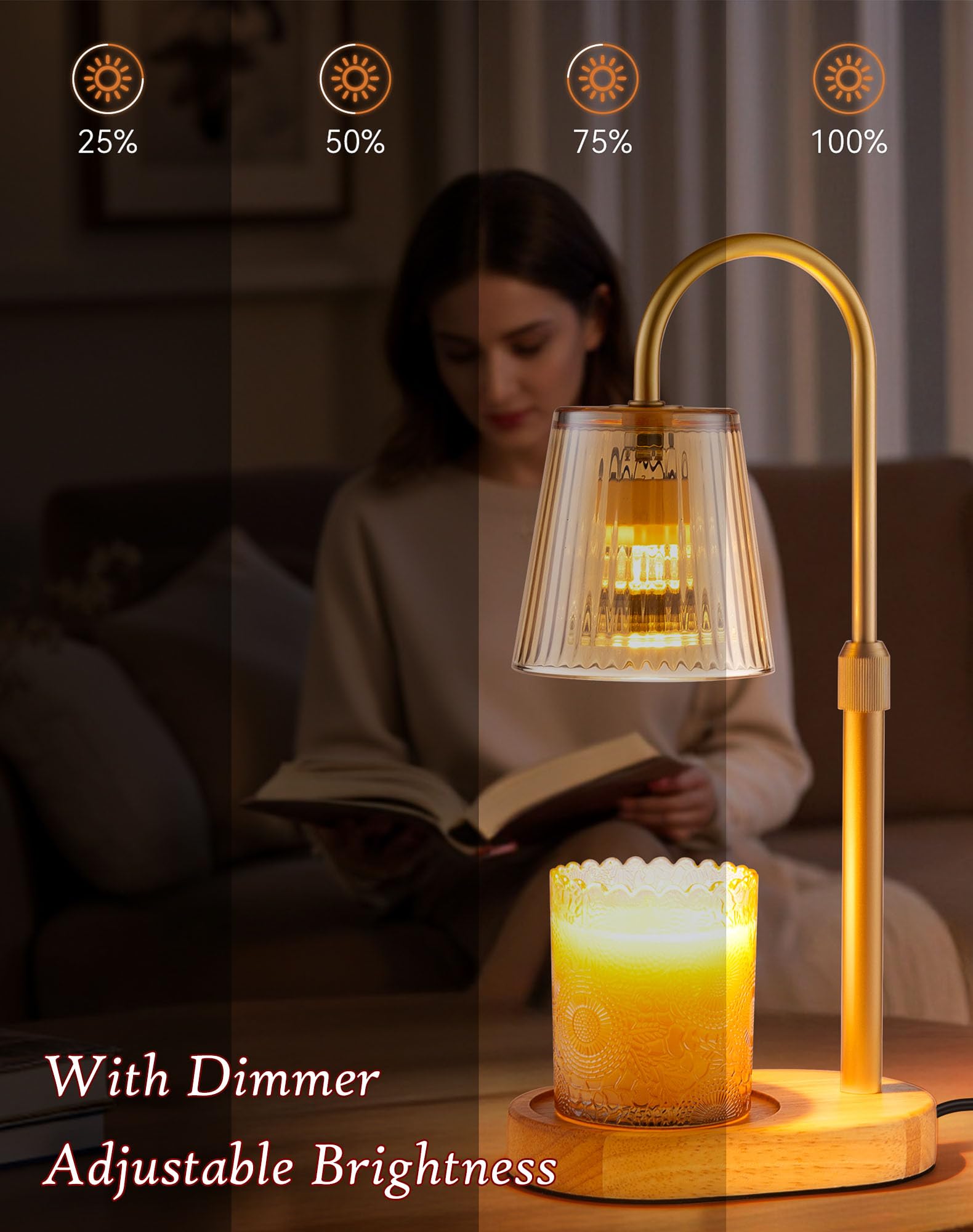 Adjustable Candle Warmer Lamp with Timer - Electric Light Wax Warming Dimmable Flameless Top Melter Heater Melting Heating Height Small Jar Candles Gifts Women Mom Birthday Home Desk Modern Decor