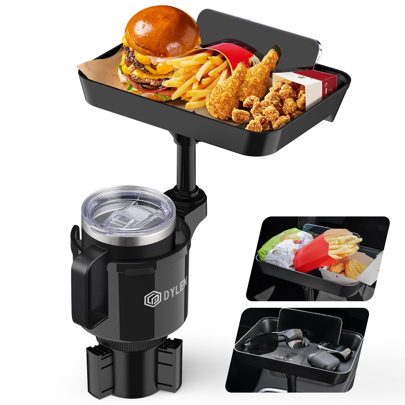 DYLEN Car Cup Holder Tray, Cup Holder Expander Adapter for Car, 9.5" Detachable Car Food Tray Table for Eating, Road Trip Essentials Fits Yeti, Hydro Flask 16-46 oz