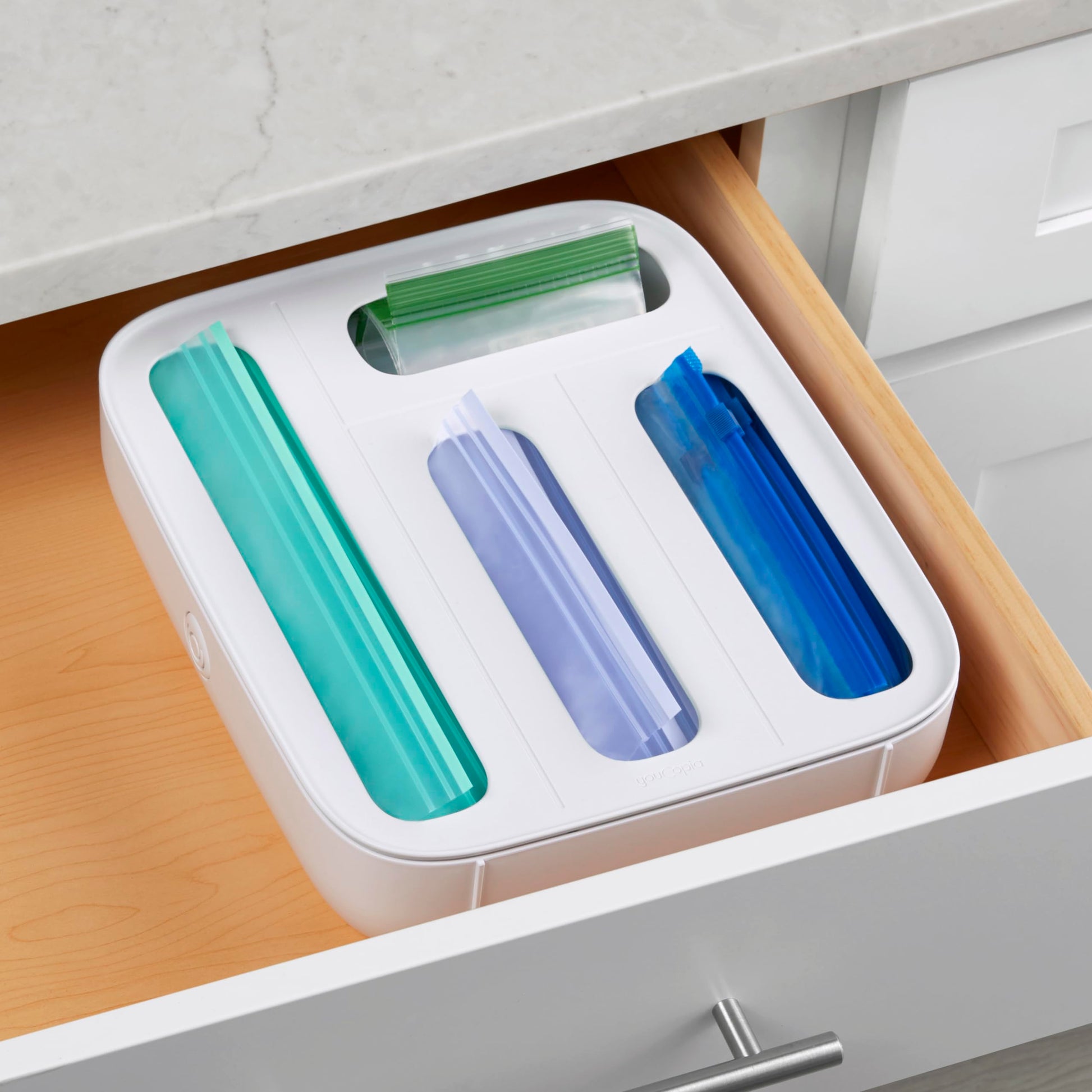 StoraBag Drawer Food Bags Dispenser, 4-Slot, Plastic Sandwich Bag Organizer for Kitchen Storage, White