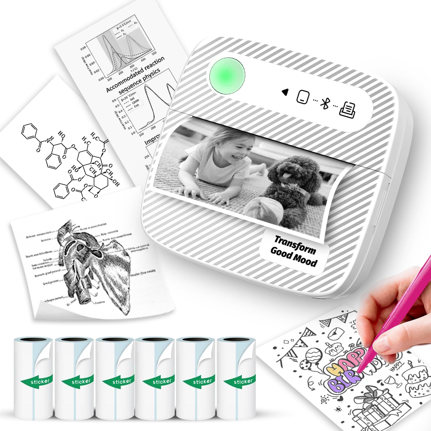 Mini Printer with 6 Rolls Sticker Paper, Receipt Sticker Printer Efficiently and Quickly, Receipt Printer for Study Notes, Pictures, DIY, Label, App with Multiple Templates-Printer-01