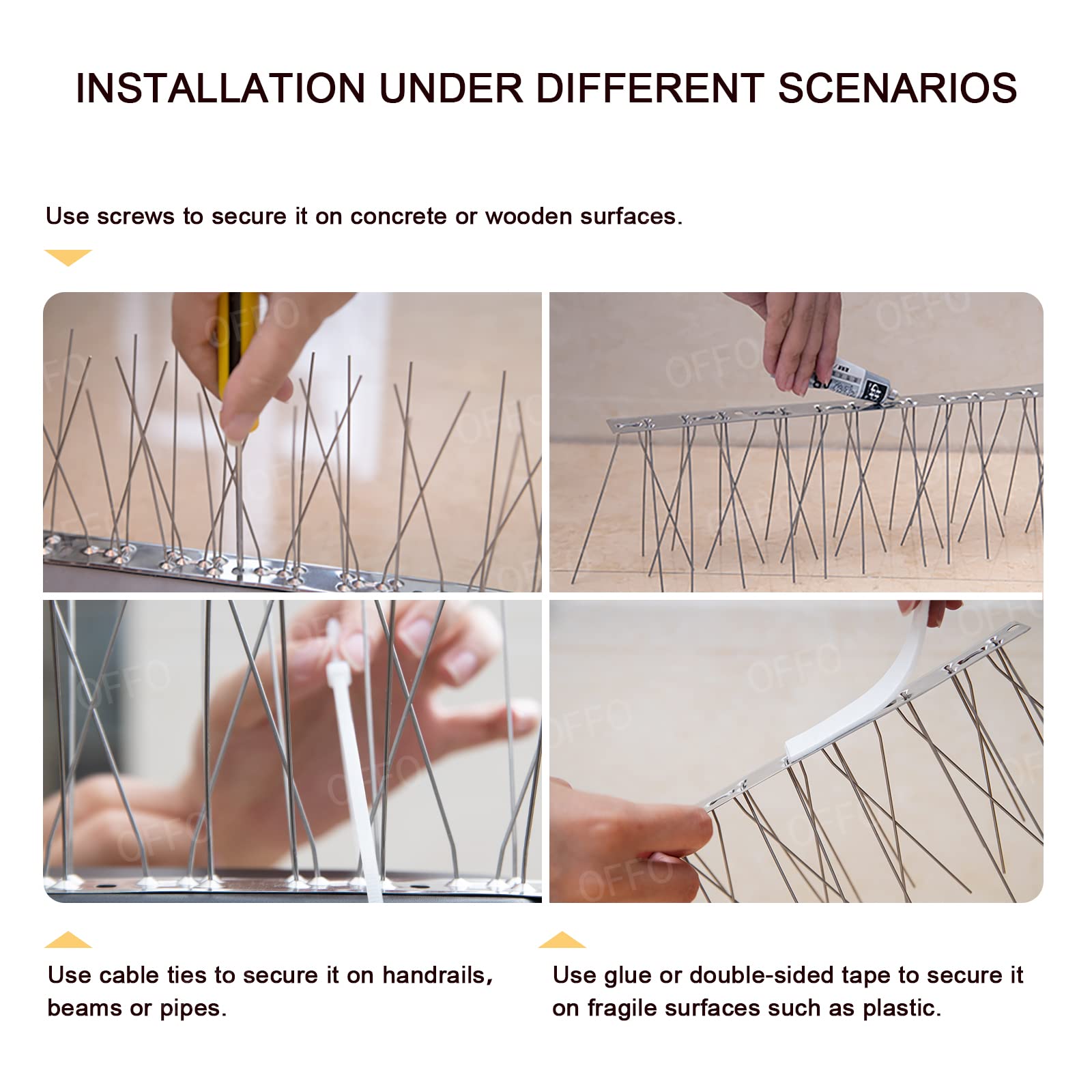 OFFO Bird Spikes with Stainless Steel Base, Durable Bird Spikes Arrow Pigeon Spikes Fence Kit for Keeping Small Bird, Crows and Woodpeckers Away, Covers 3.4 Feet(1.04m)