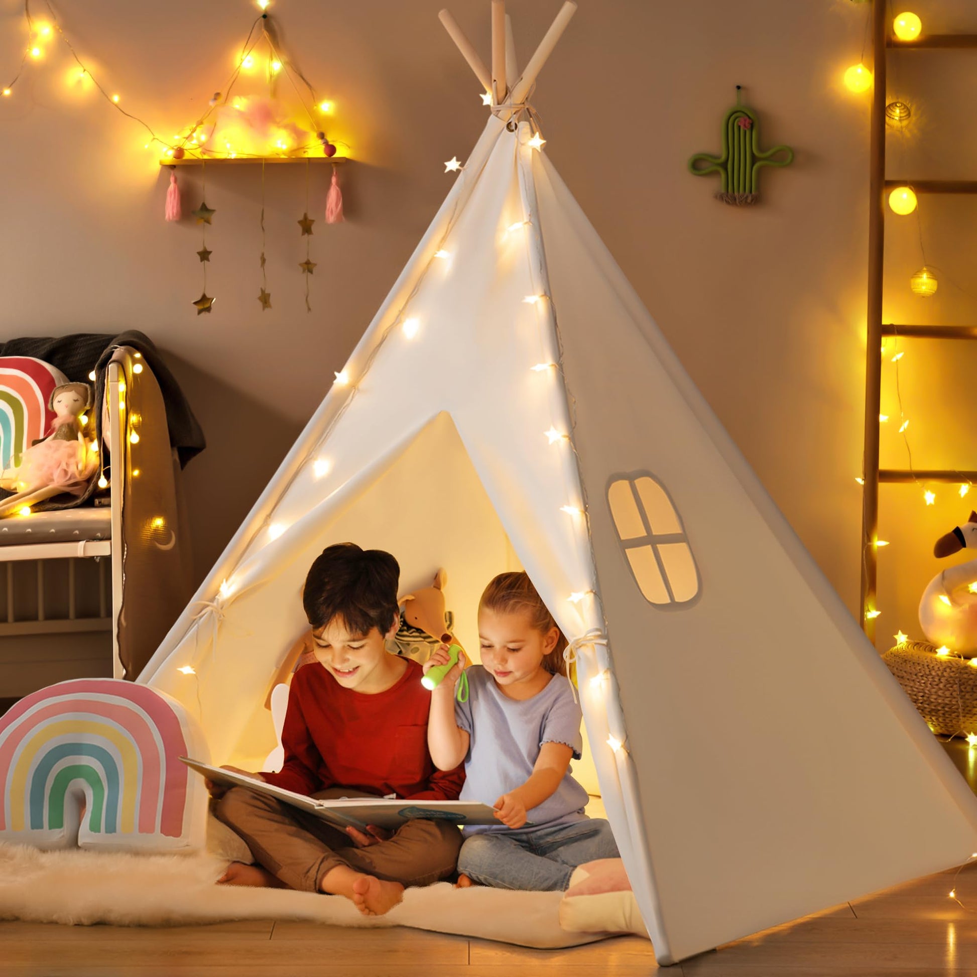 Tiny Land Teepee Tent for Kids – 100% Cotton Play Tent with Padded Mat & Star Lights, Foldable with Carry Bag, Indoor Play Tent for Girls & Boys