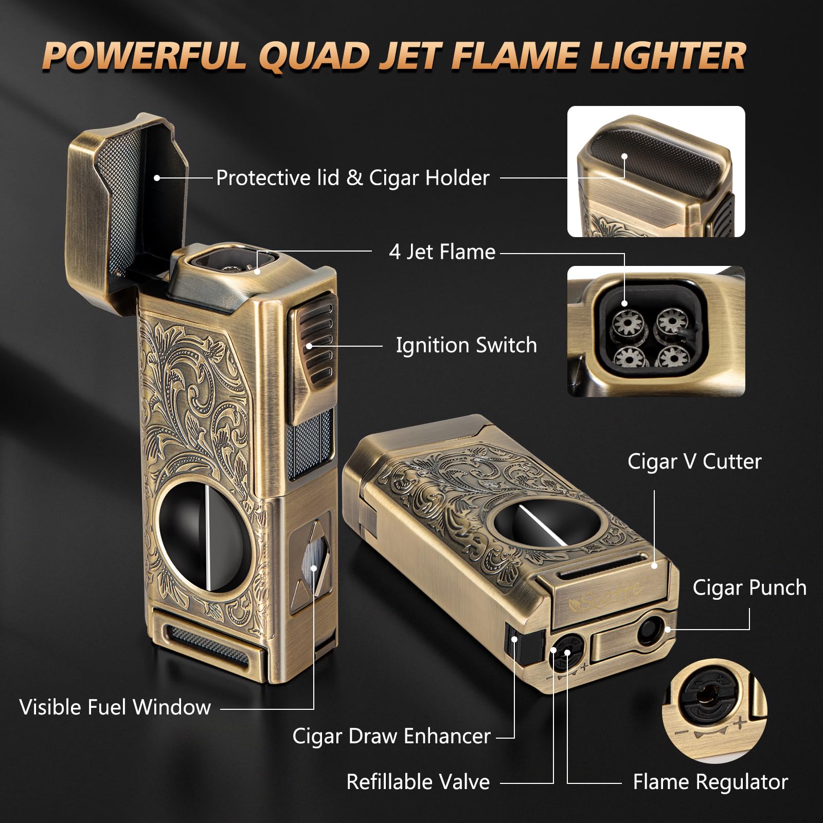 Cigar Lighter, 4 Jet Flame Torch Lighter, Refillable Butane Lighter with Cigar Cutter V Cut Cigar Punch Cigar Holder Cigar Draw Enhancer, Great Cigar Accessories Cool Lighters for Smoking in Gift Box