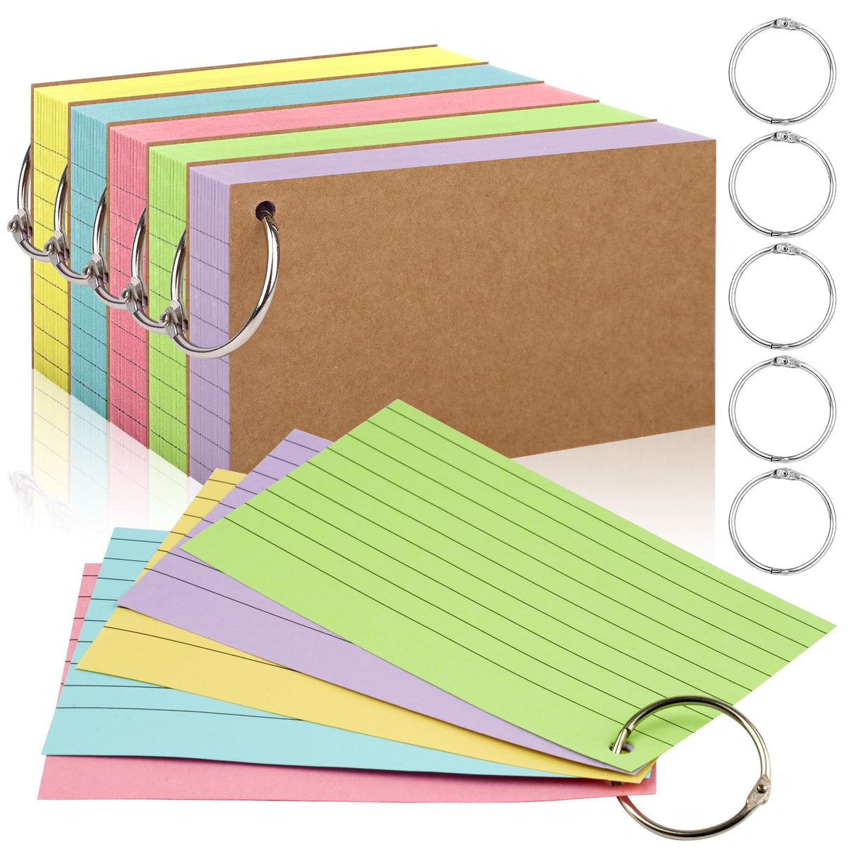 350 Karteikarten mit Ring, 7,6 x 12,7 cm Flash-Karten mit Ringen, farbige, dicke Notizkarten mit Ring, gelochte, linierte Lernkarten für Schule, Universität, Zuhause, Büro, zum Auswendiglernen, für To-Do-Listen (5 Farben)