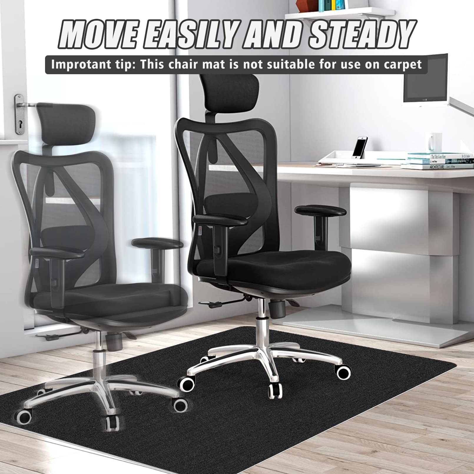 Sycoodeal Office Chair Mat for Hardwood Floor,Office Computer Gaming Chair Mat for Tile Floor,Large Floor Protector Rug,Anti-Slip,Easy to Clean,Pure Black(48"x36")