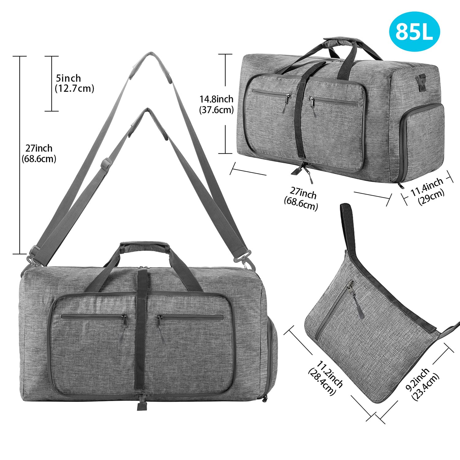 Vomgomfom Travel Duffle Bag for Men, 65L 85L 115L Foldable Travel Duffel Bag with Shoes Compartment Overnight Bag for Men Women