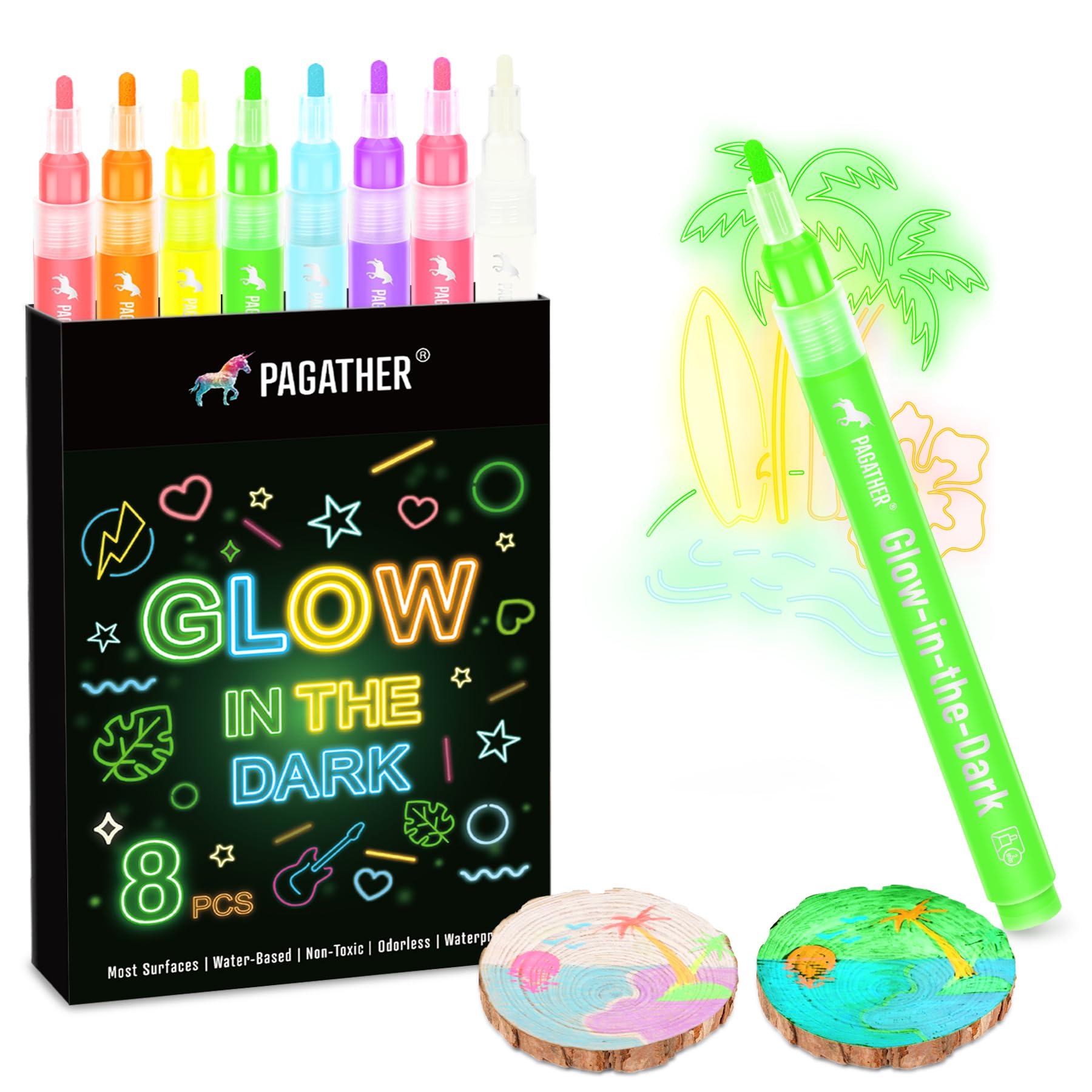 8 Colors Glow in the Dark Markers – 2mm Round Tip Neon Fluorescent Paint Pens for Rock Painting, Fabric, Glass, Wood, and DIY Crafts