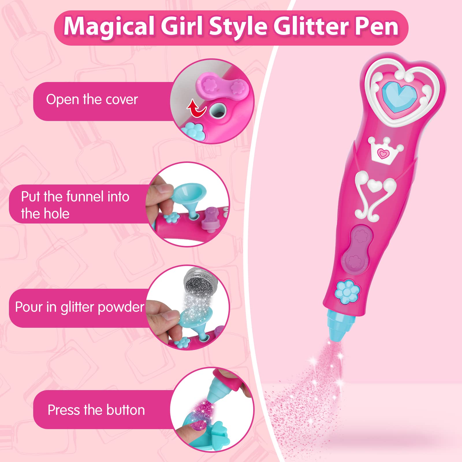 BATTOP Kids Nail Polish Set for Girls, Nail Art Kits with Nail Dryer & Glitter Pen, Quick Dry & Peel Off & Non-Toxic Nail Polish, Christmas Birthday Gifts for Girls Ages 6 7 8 9 10 11 12