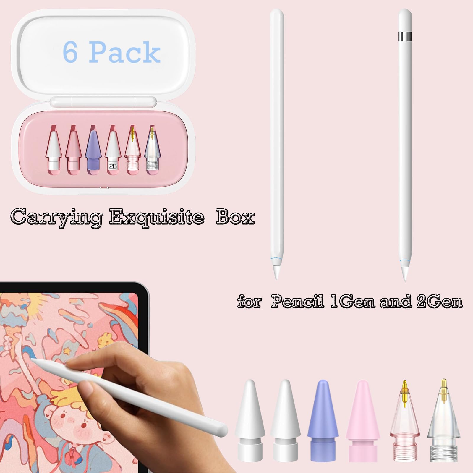 6 Pack Replacement Pencil Tips with Case for Apple iPad 2nd / 1st Generation - Sensitive and Precise Control iPencil Nibs Compatible with iPad for Pencil USB C/ 2nd/ 1st Gen Apple Pen