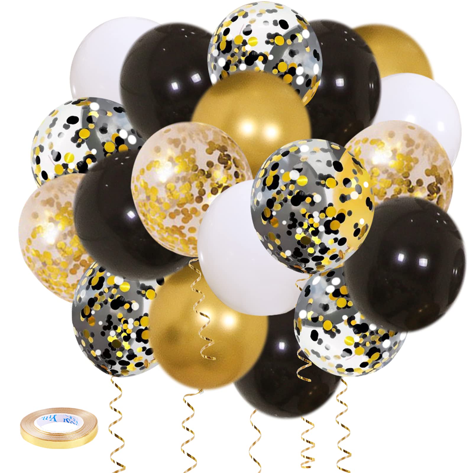 Zesliwy Black Gold Confetti Balloons 50 pack - 12 Inch Gold White and Black Confetti Balloons with Ribbons for Graduation Birthday Wedding Party Decorations…