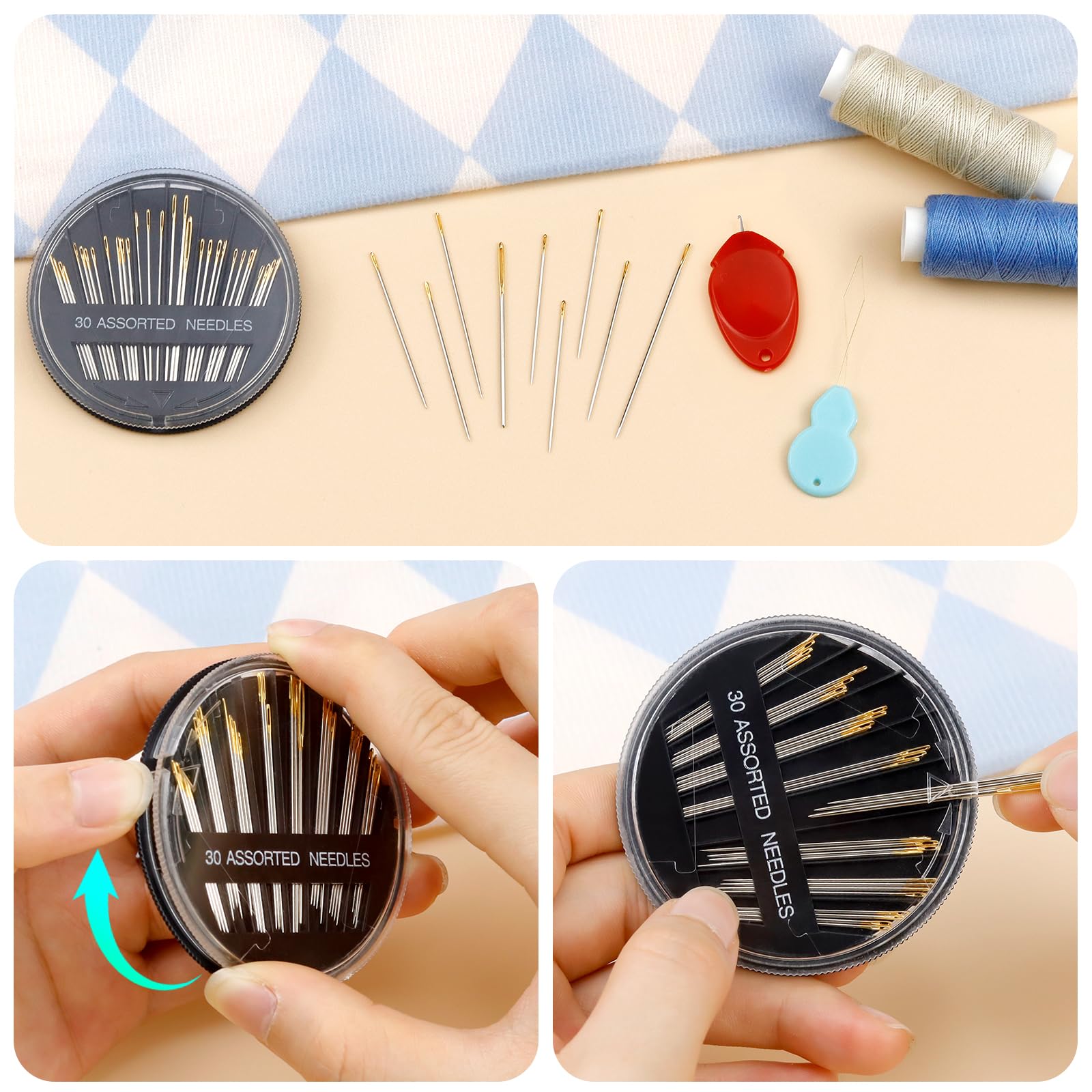 FIVEIZERO 30-Count Premium Hand Sewing Needles, 6 Sizes Embroidery Needles Kit with Threaders for Hand Sewing Crafts,Large Eye Sewing Needle Kit for Art and Craft Projects