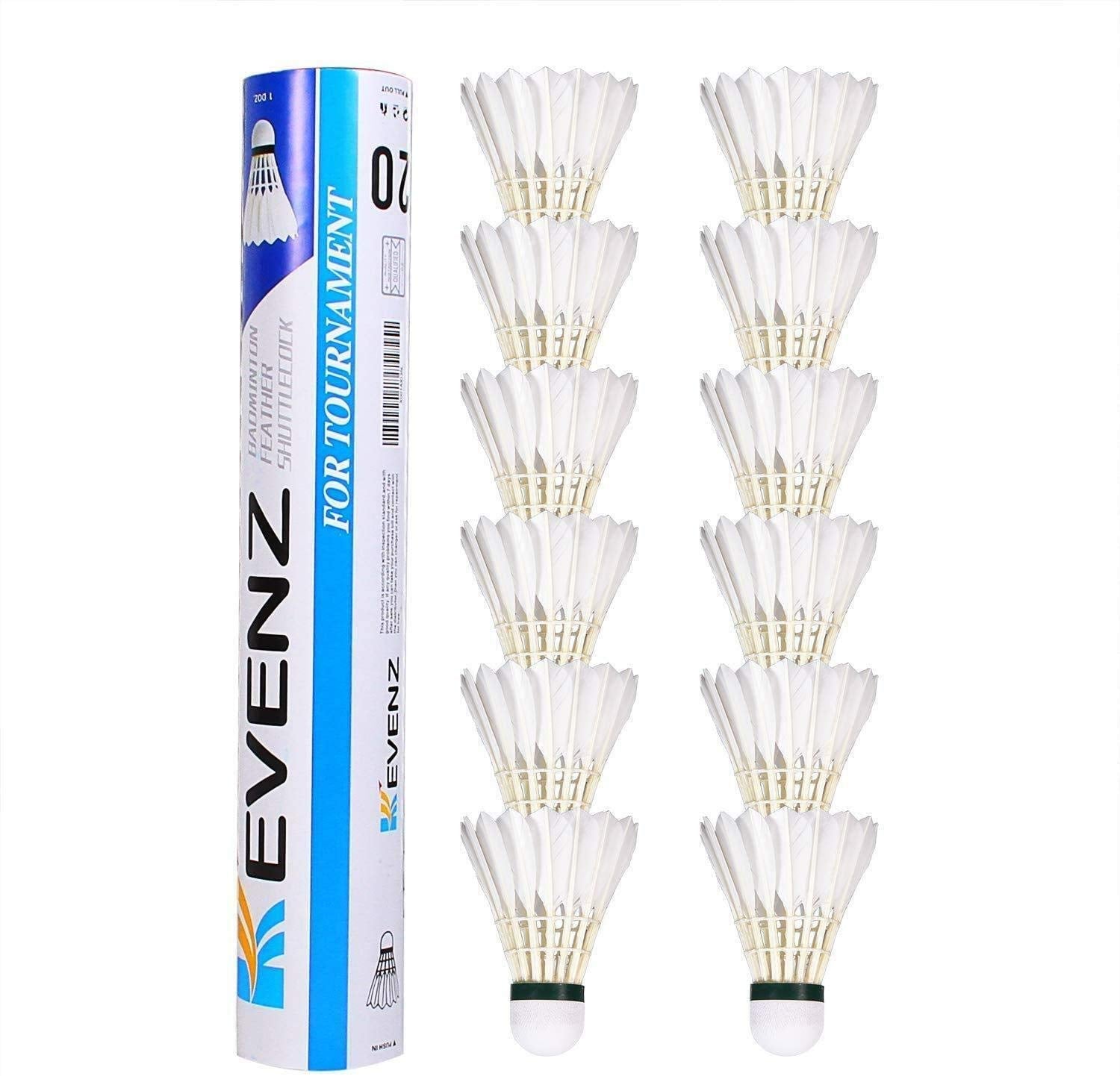 KEVENZ Goose Feather Badminton Shuttlecocks with Great Stability and Durability, High Speed Badminton Birdies,Pack of 12, White