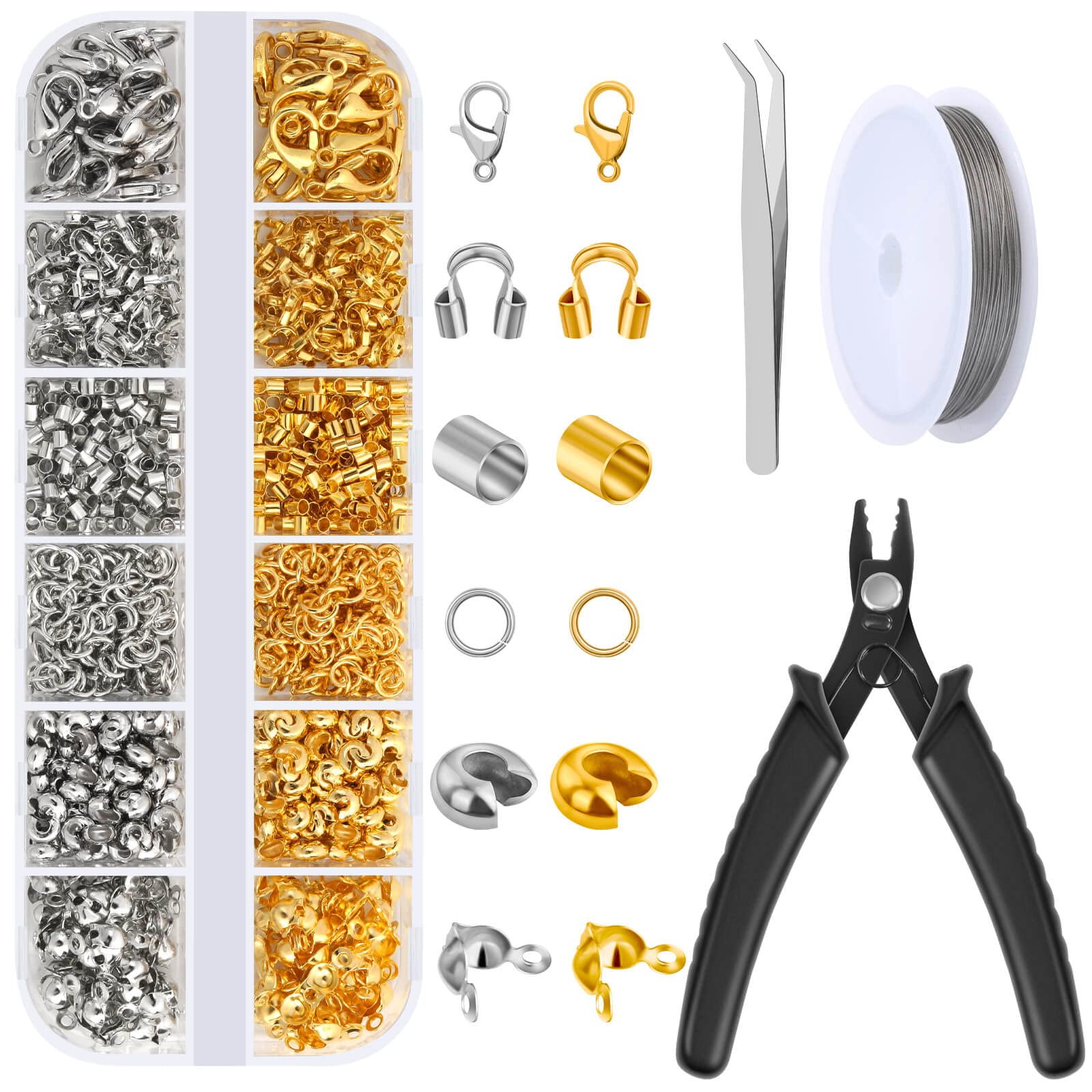 1200 Pcs Crimp Beads Kit for Jewelry Making, Acejoz Crimp Beads, Crimp Covers, Crimp Tubes and Wire Guardians, Lobster Clasps, Jump Rings, Crimping Pliers and Beading Wire for Jewelry Making