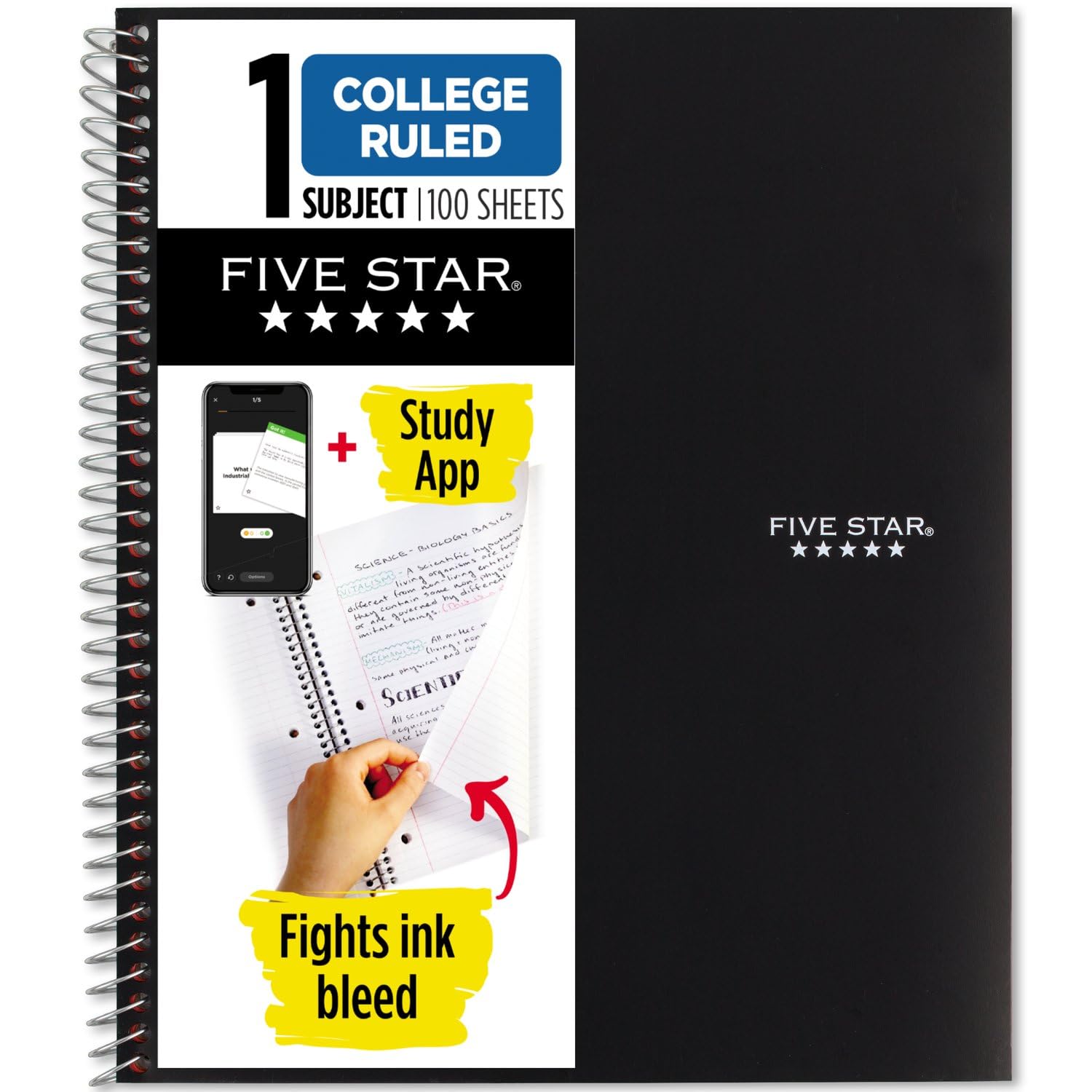 Five Star Spiral Notebook Plus Study App, 1 Subject, College Ruled Paper, 100 Sheets, 8-1/2" x 11", School, Black (72057)