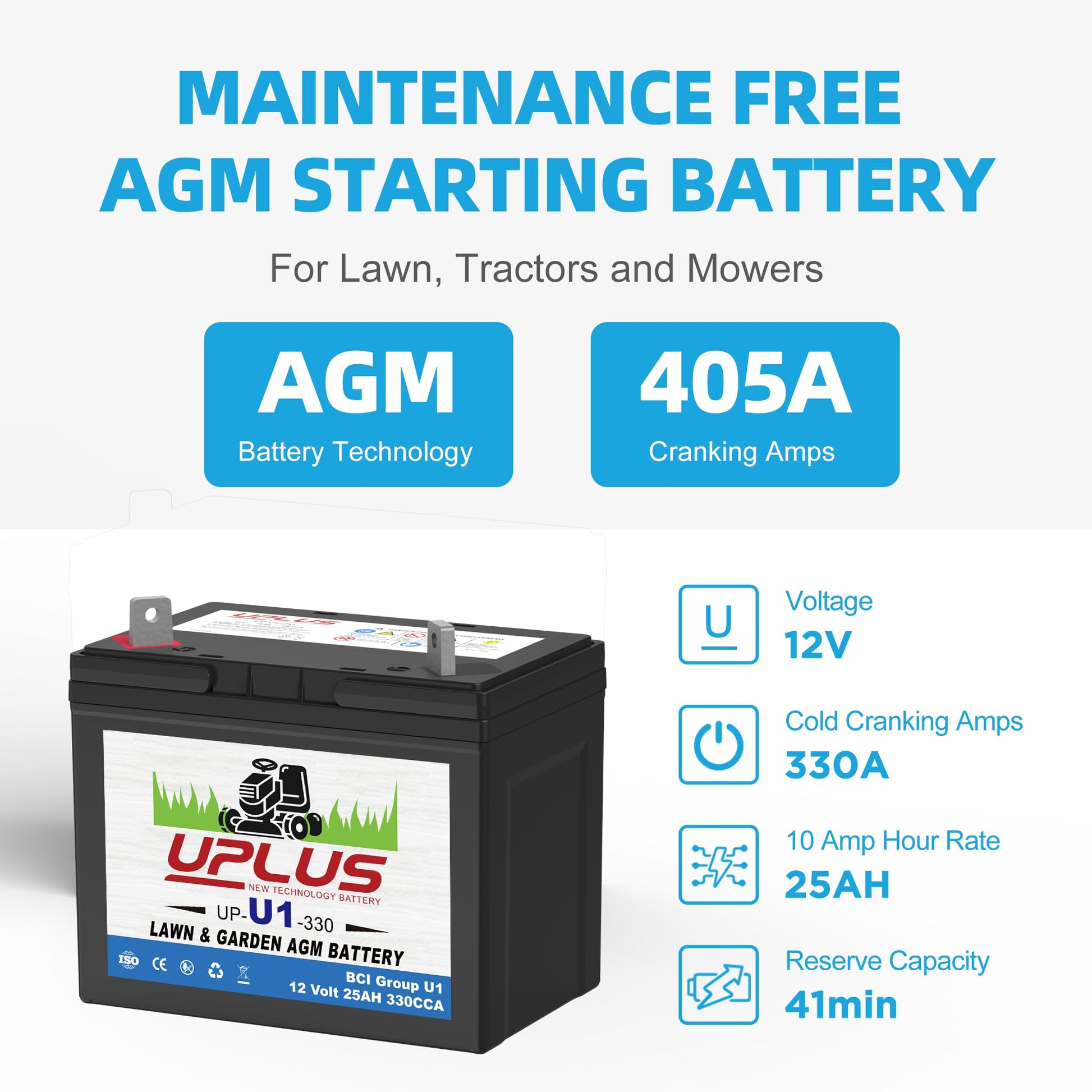 UPLUS U1 Riding Lawn Mower Battery, 12V 330CCA Garden Tractors Battery Maintenance Free AGM Batteries, Fit for John Deere, Cub Cadet, Husqvarna, Craftsman, Toro, Ariens, Poulan Pro and Troy-Bilt