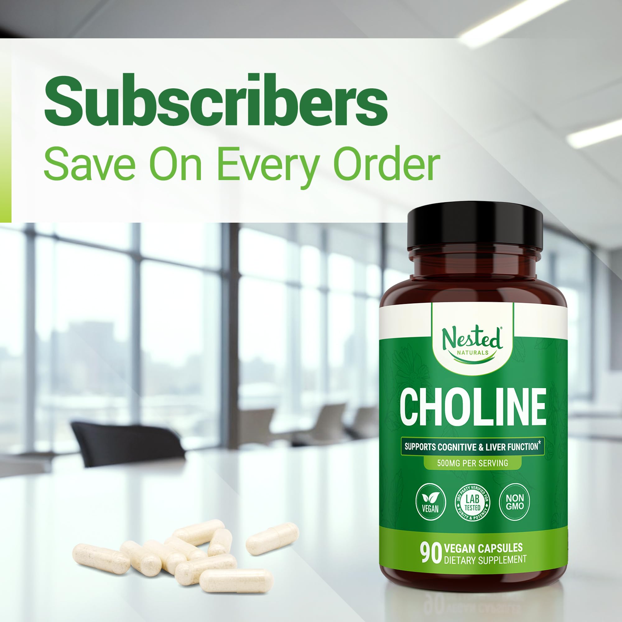 Nested Naturals Choline Bitartrate 500mg - High Potency Choline Supplements - Supports Cognitive Performance & Liver Function - 100% Vegan & Non-GMO Choline - 90 Vegan Capsules