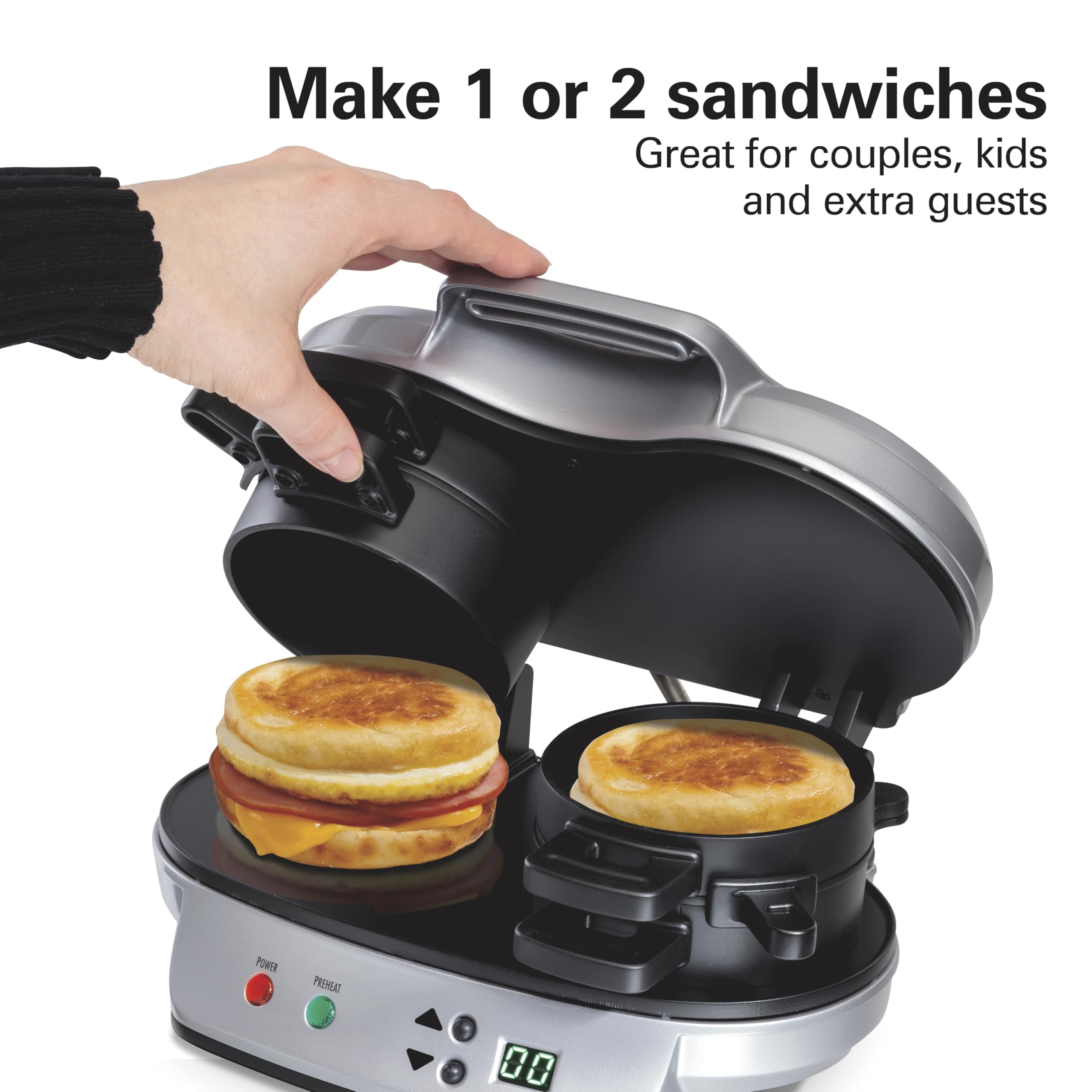 Hamilton Beach Dual Breakfast Sandwich Maker with Timer, Ready in 5 Minutes, Removable Dishwasher Safe PFAS-Free Non-Stick Egg Cooker Ring, Silver (25490MNA)
