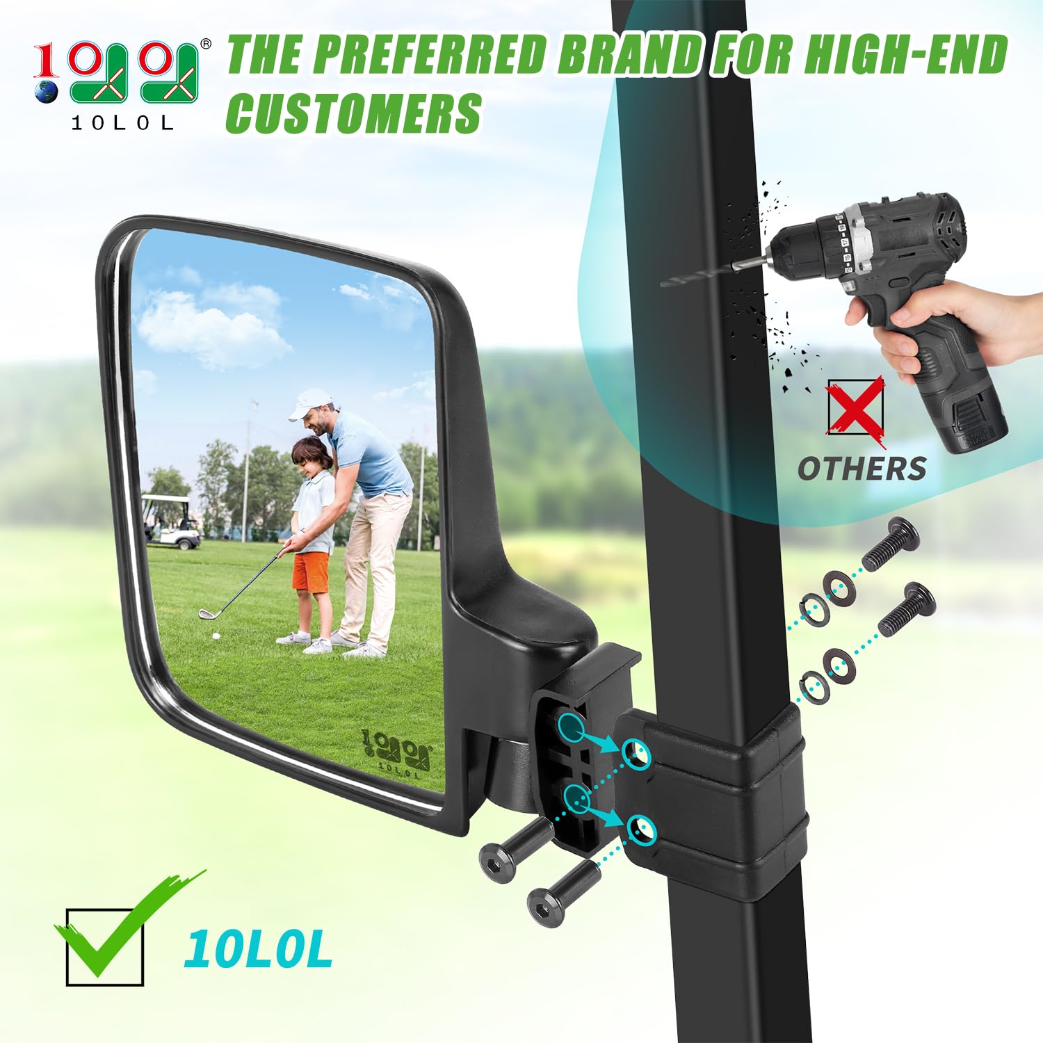 10L0L Golf Cart Mirror No Drilling Side Mirrors Universal for Yamaha, Club Car, EZGO, Folding Side Rear View Mirrors Adjustable 180 Degree HD Glass
