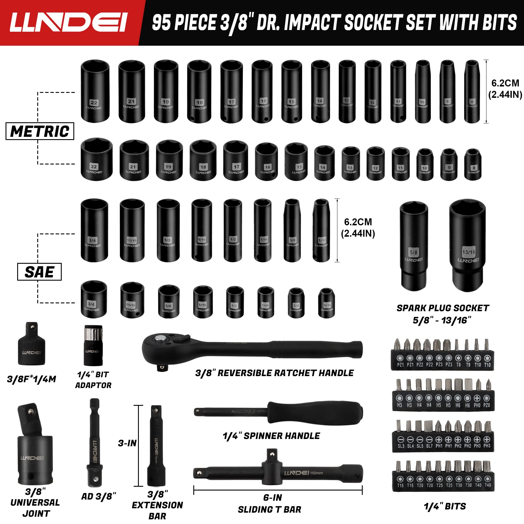 LLNDEI 3/8”Drive Impact Socket Set,Standard SAE(5/16 to 3/4-Inch) Metric Size(8-22mm), 95 Piece, CR-V Steel Deep&Shallow Kit, Adapters, Ratchet Handle, Screwdriver Bit Set, Spark Plug Socket, 6 Point