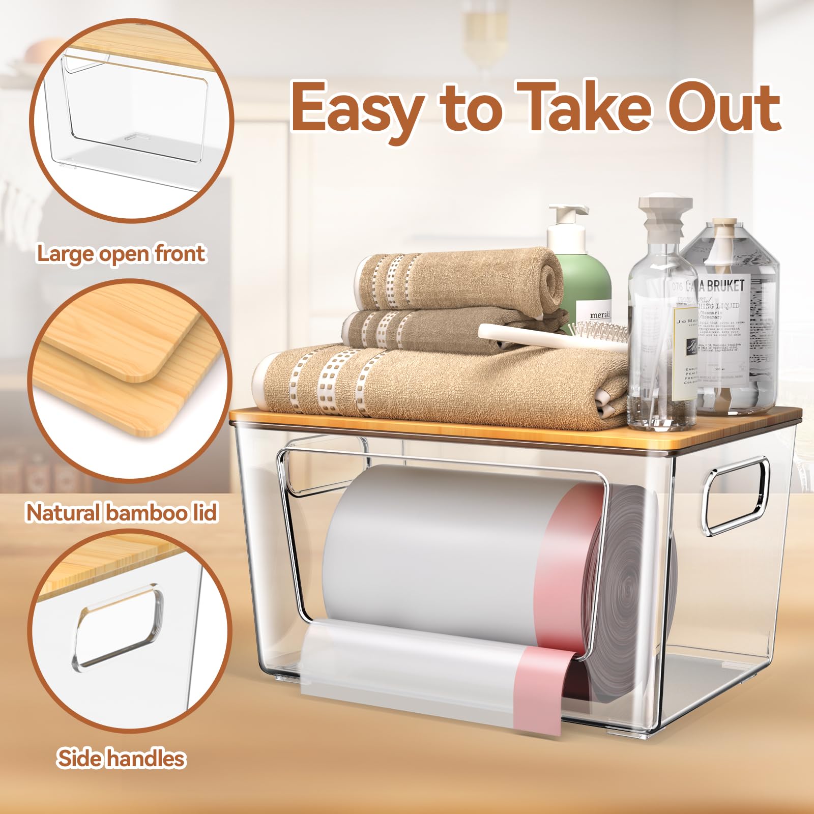 2 Pack Trash Bag Holder with Bamboo Lid, Stackable Trashbag Dispenser, Extra Large Garbage Bag Holder for Kitchen Laundry Room Under Sink Organization and Storage