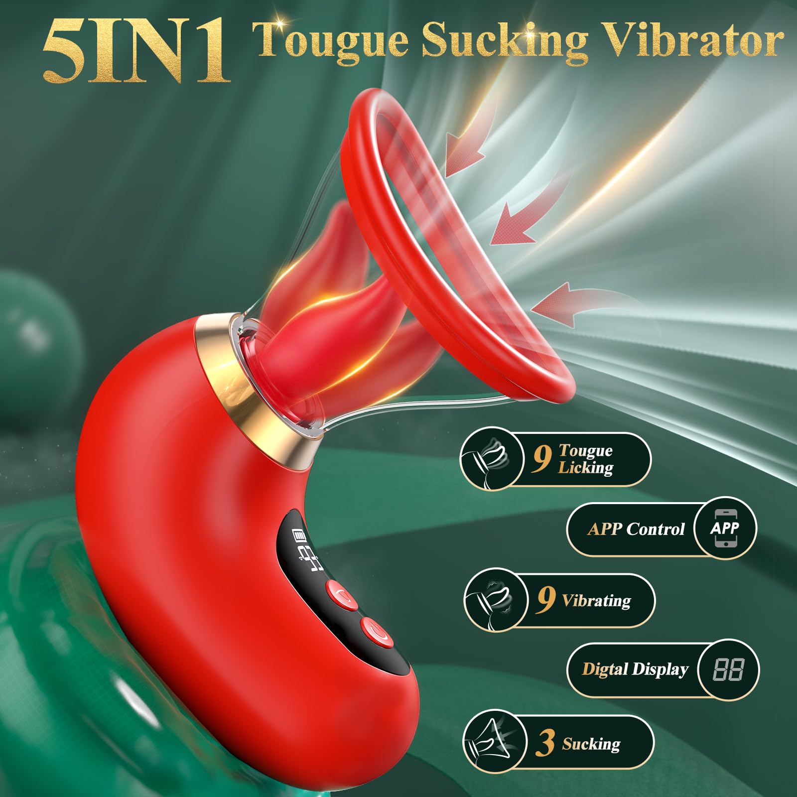 Gasevimo Vibrator Adult Sex Toys for Women - 5IN1 Sucking Vibrator Rose Sex Toy, 3 Sucking, 9 Tongue Licking & Vibrating Adult SexToys, LCD Display Removable Cup Clitoral G Spot Vibrators
