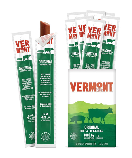 Snack Sticks by Vermont Smoke & Cure – Original Flavor – Beef & Pork – Healthy Meat Protein – 1oz Jerky Stick – 24 count carton