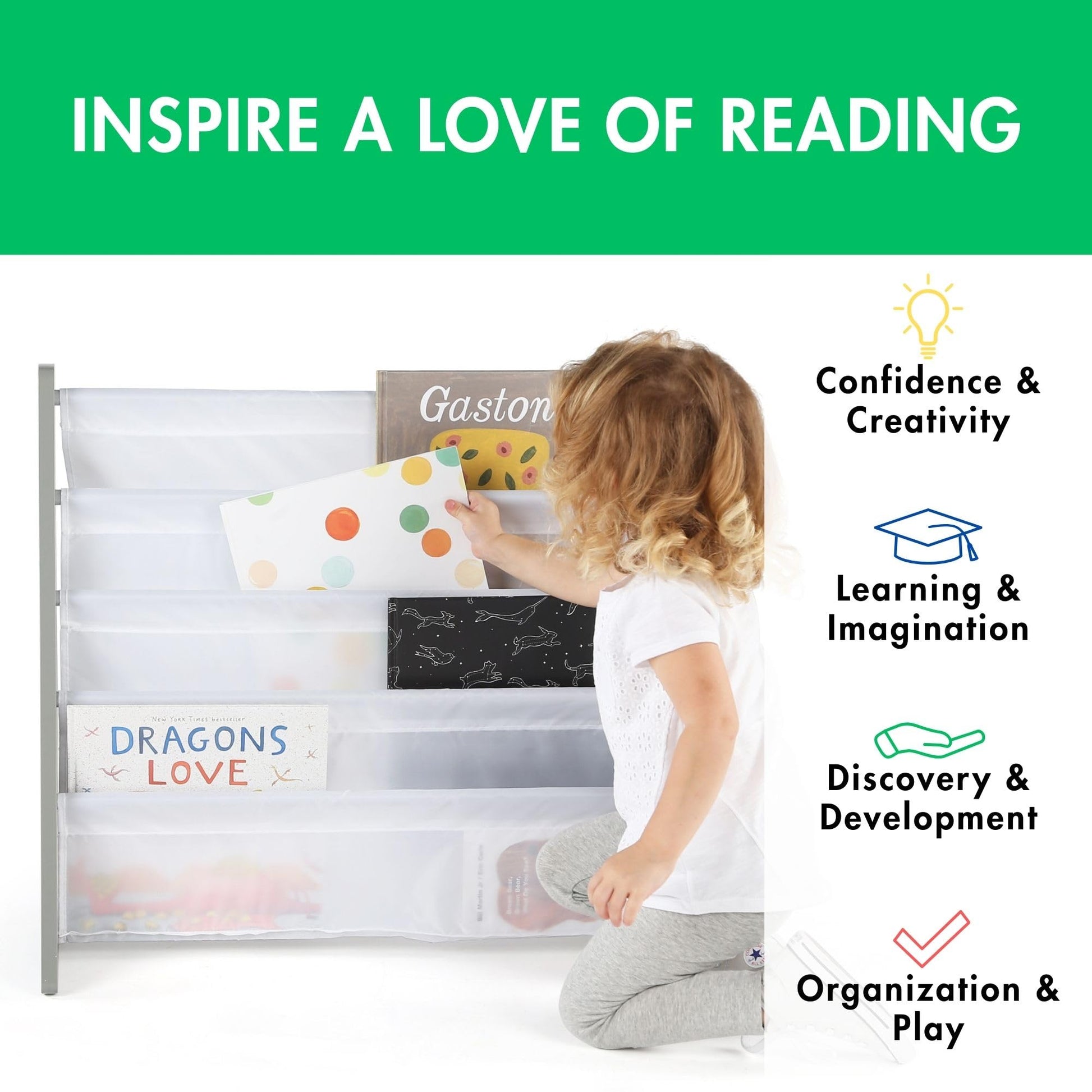 Humble Crew 4-Tier Kids Bookshelf, Grey Wood/White - Premium Book Shelf for Kids Rooms with Four Deep Pockets - Toddler Sling Book Rack with Deep Sleeves, Nursery Bookcase Organizer