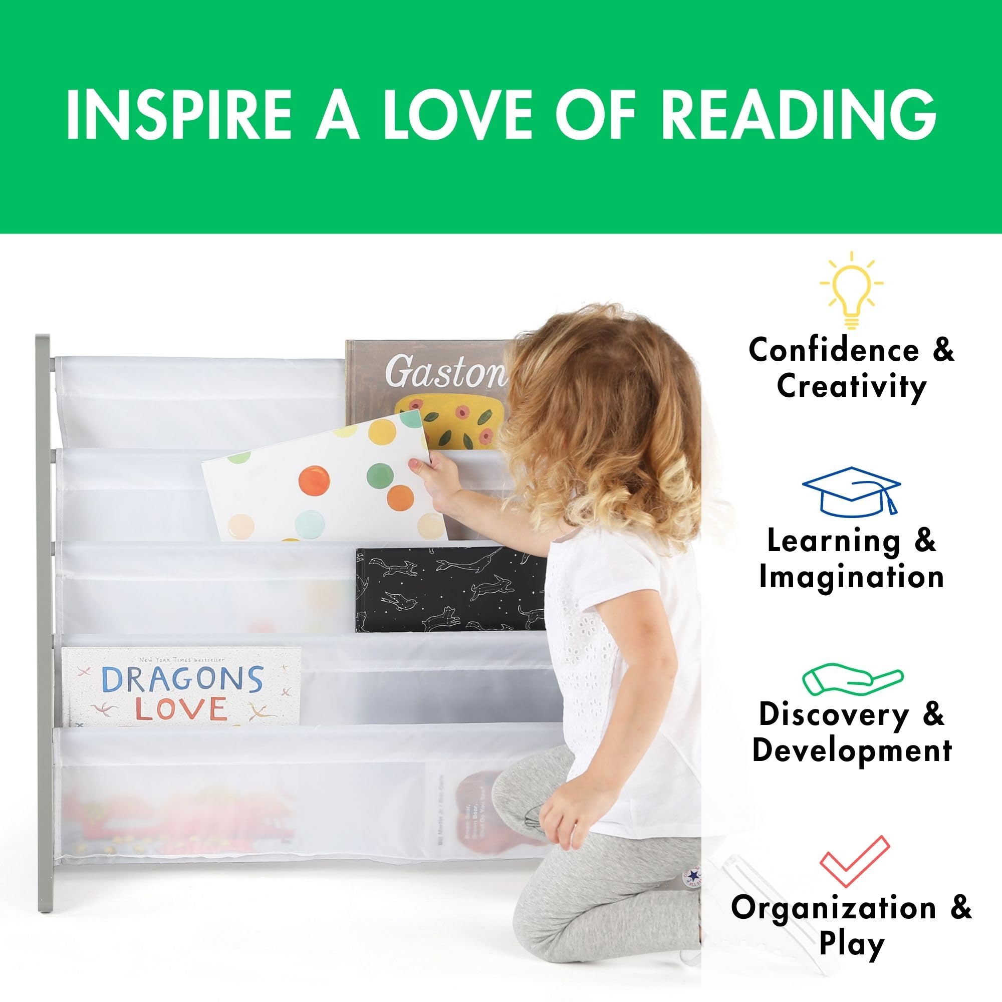 Humble Crew 4-Tier Kids Bookshelf, Grey Wood/White - Premium Book Shelf for Kids Rooms with Four Deep Pockets - Toddler Sling Book Rack with Deep Sleeves, Nursery Bookcase Organizer