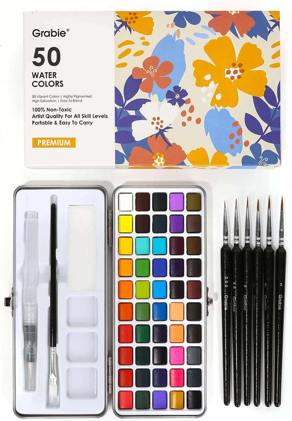 Grabie 50 Colors Watercolor Paint Set, Detail Paint Brush Included, Watercolor Paints, Painting Sets, Art Supplies for Painting, Travel Watercolor Set, Amateur Hobbyists