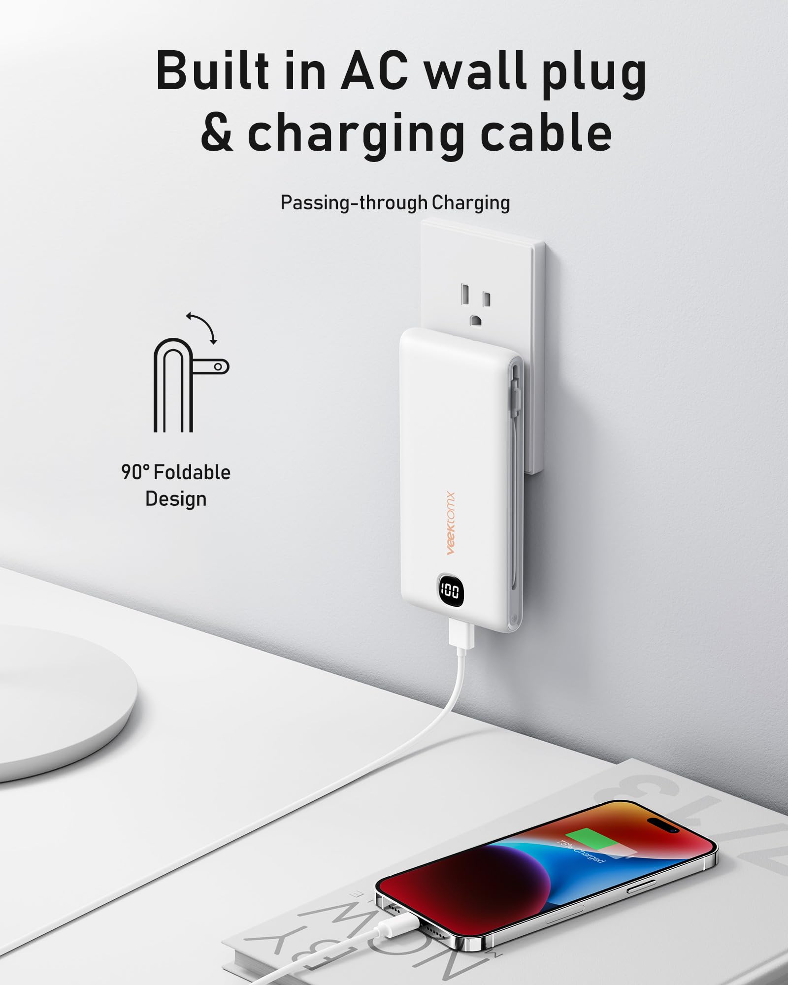 VEEKTOMX Portable Charger with Built in Cables 10000mAh, Power Bank for iPhone with Wall Plug, Travel Essential Fast Charging USB C Slim External Battery Pack for iPhone16/15/14, Samsung, iPad, etc