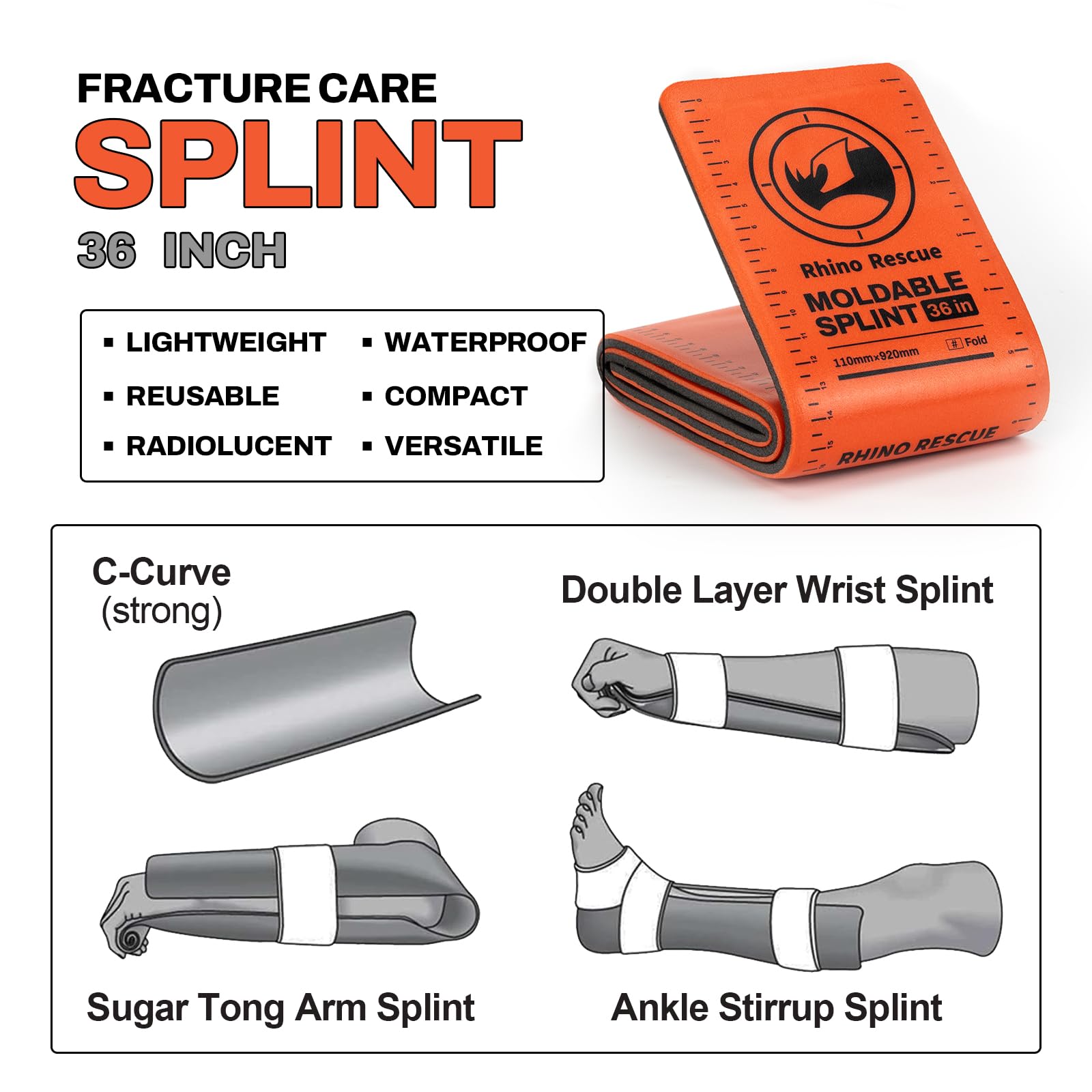 RHINO RESCUE First Aid Splint 36" X 4.3" Orange-Gray, Keep Bones in Position (1, Folded)