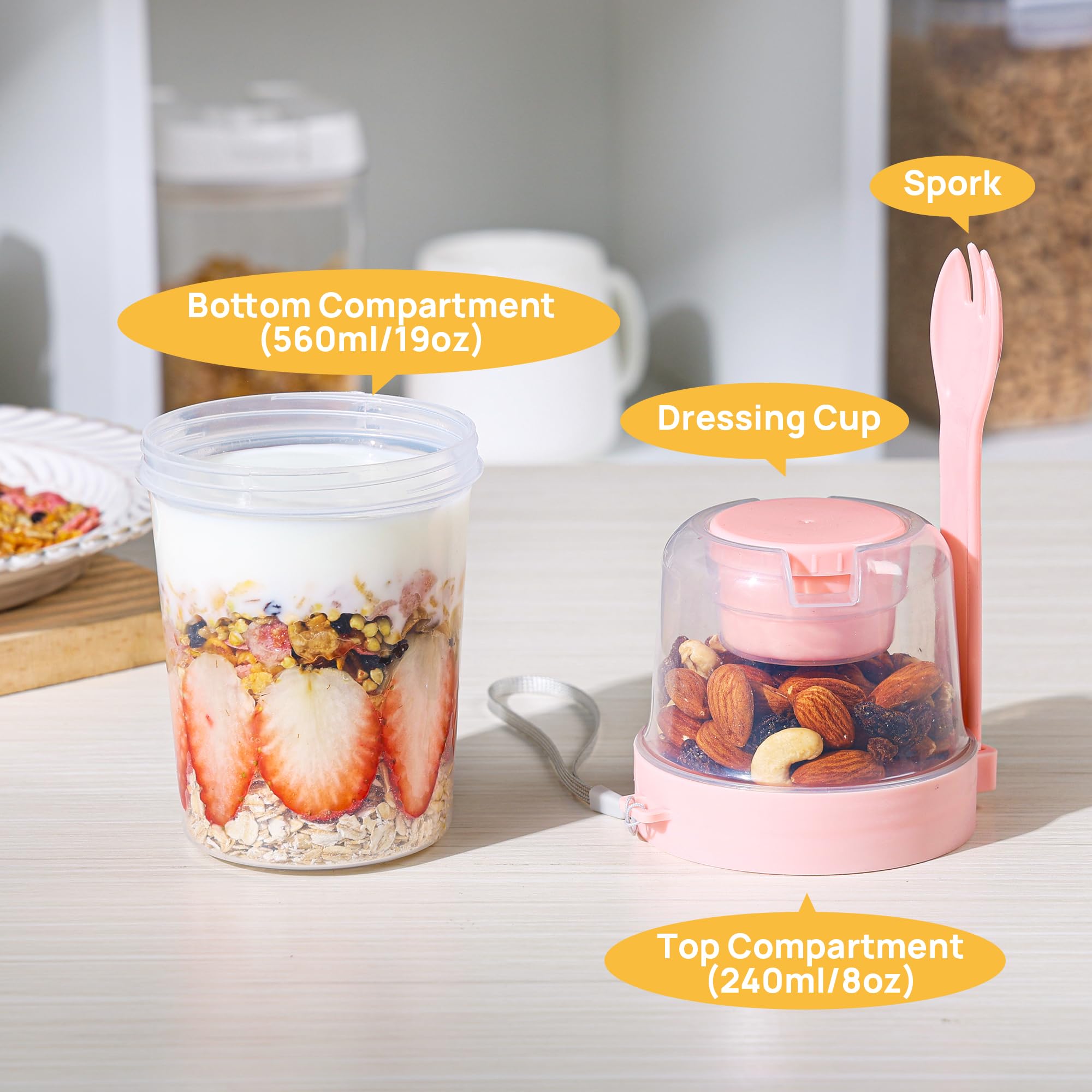 Vtopmart 4 Pack 27oz Yogurt Parfait Cups with Lids and Spoons, Overnight Oats Containers, Reusable Topping Compartment for Breakfast with Yogurt, Cereal or Oatmeal On-the-Go