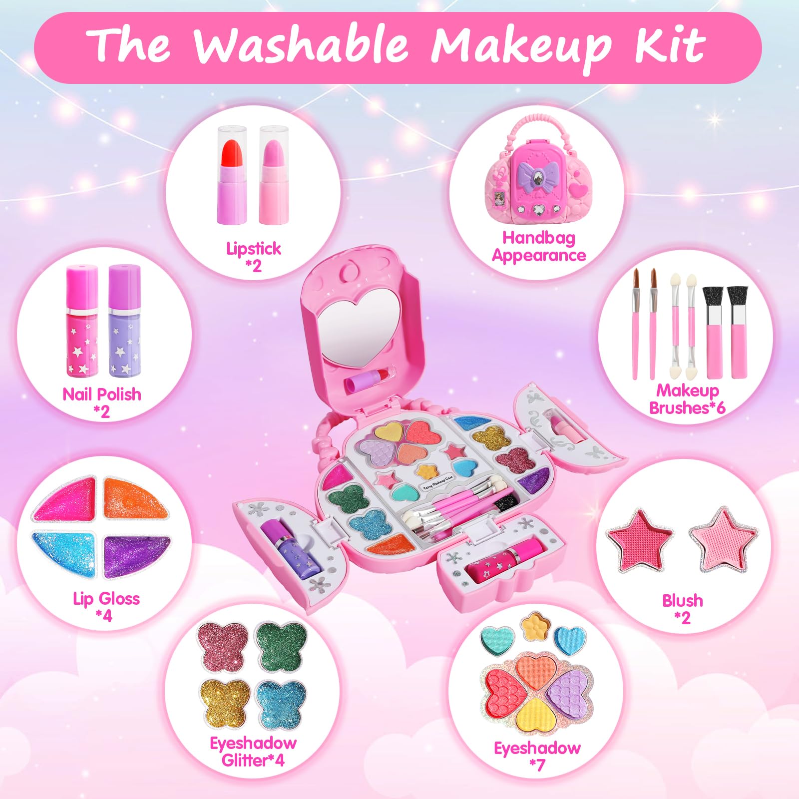 Topsolid Kids Makeup Kit With Mirror - Real Washable Makeup Set for Girls 5-8, Princess Toys Cosmetic Set, Christmas & Birthday Gifts for 3-8 Year Old Girls