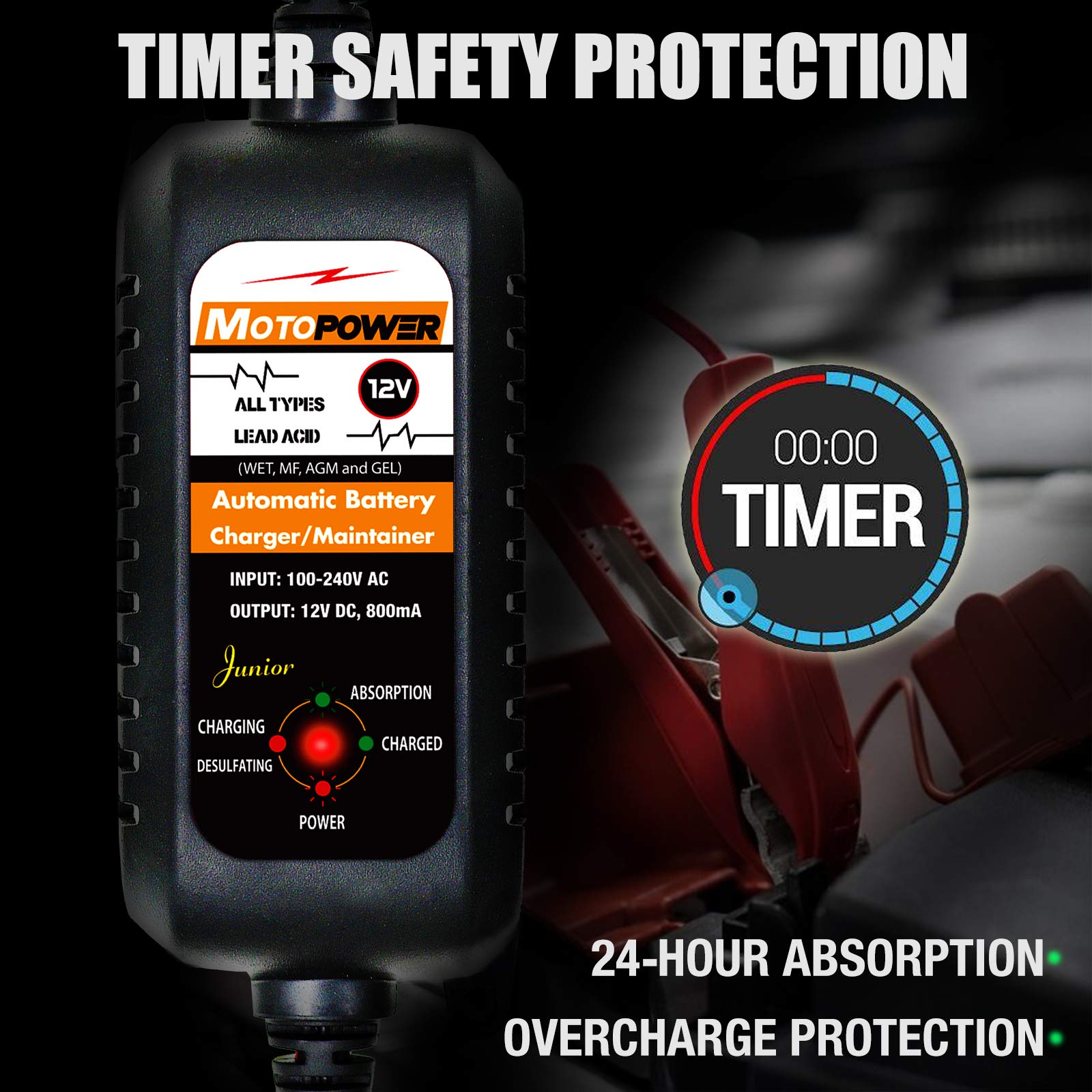 MOTOPOWER MP00205A 12V 800mA Automatic Battery Charger, Maintainer, Trickle and Desulfator