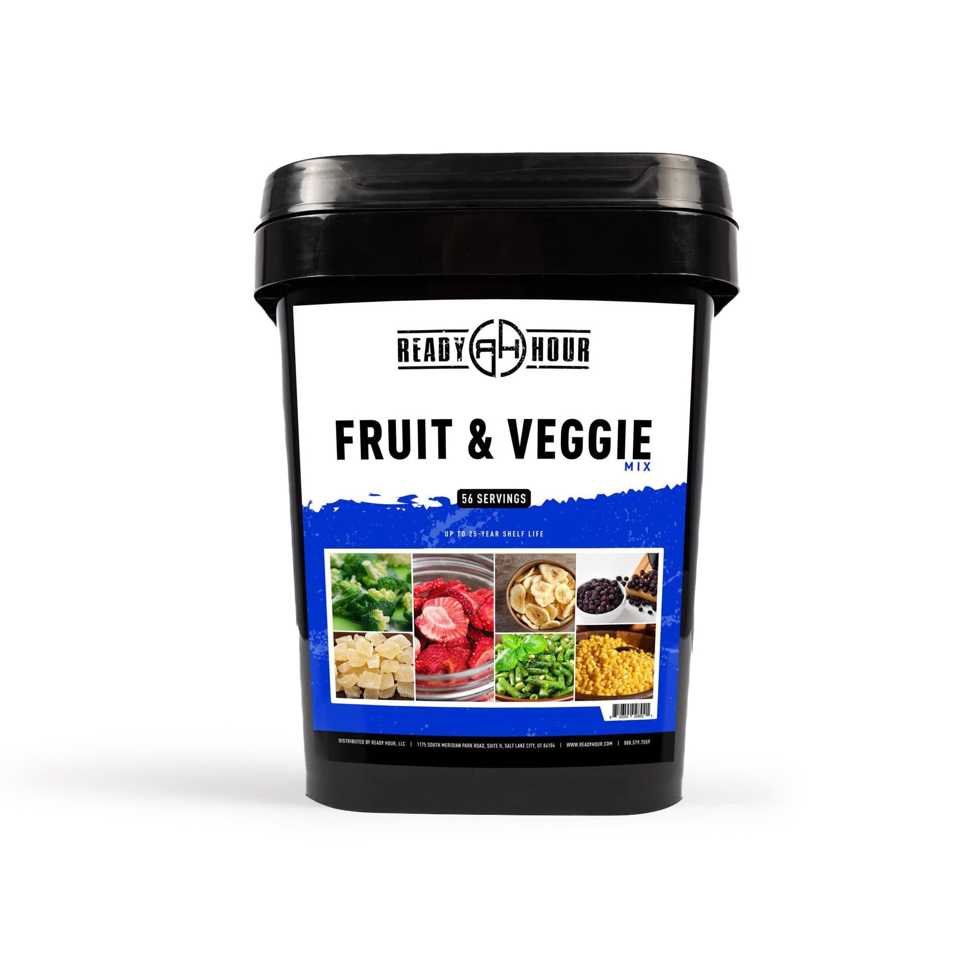 Ready Hour, Fruit & Veggie Mix, Non-Perishable Freeze-Dried Food, 30-Year Shelf Life, Portable Emergency and Adventure Food Supply, Durable Flood Safe Container, 56 Servings