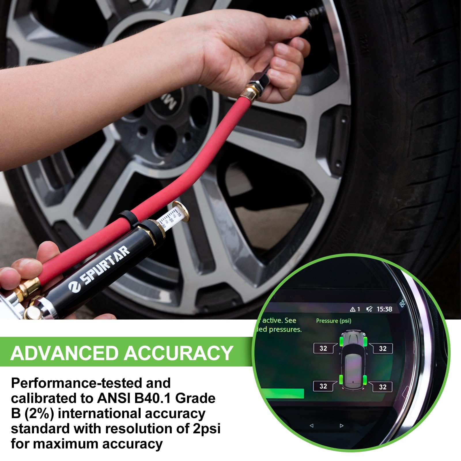 Spurtar 10-120 PSI Heavy Duty Tire Pressure Gauge with Inflator Air Chuck with Pressure Gauge with 4 Way Tool and Valve Cores Air Compressor Attachments Tire Inflator Nozzle for Car Automotive Truck