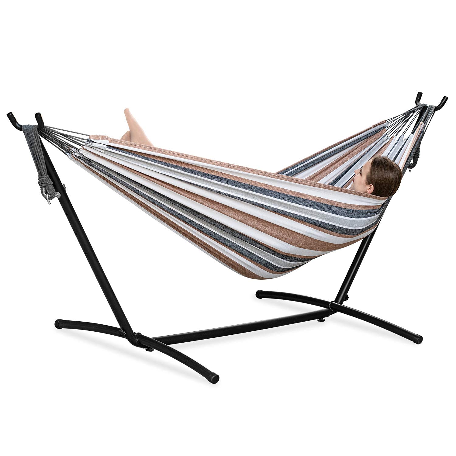 PNAEUT Double Hammocks with Stand for Outside, Portable Space Saving Heavy-Duty Steel Stand for Indoor Outdoor Patio with Carrying Bag, 450 lbs Capacity (Coffee)