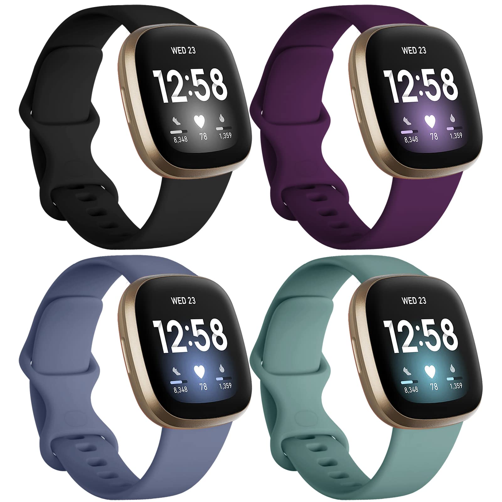 Dirrelo Bands Compatible with Fitbit Sense/Versa 3 / Versa 4 / Sense 2, Soft TPU Sport Strap Band, Replacement Wristband for Women Men, 4Pack Small, Black Modena Bluegrey Pinegreen