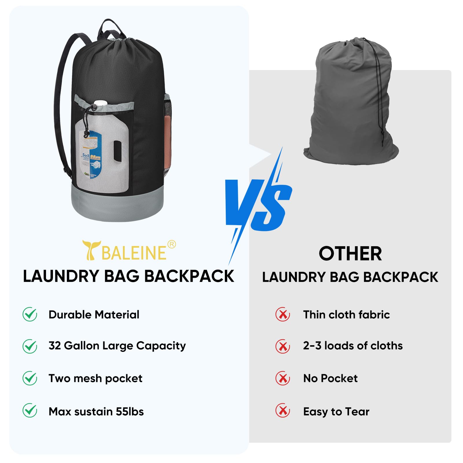BALEINE 120L Laundry Bag Backpack, 900D Oxford Fabric Large Travel Laundry Bags with Shoulder Straps and 2 Mesh Pockets for College Dorm, Apartment, Laundromat (Black, 120L)