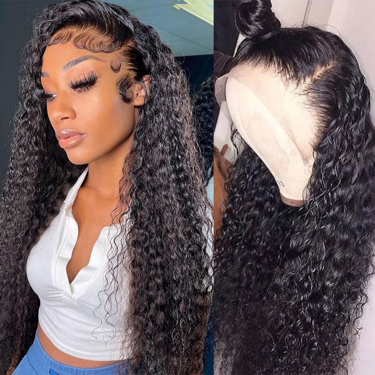 13x4 Lace Front Wigs Human Hair Pre Plucked 180 Density Brazilian Wet and Wavy Human Hair Wigs for Black Women Glueless Curly Lace Frontal Wig Natural Color (22 Inch)