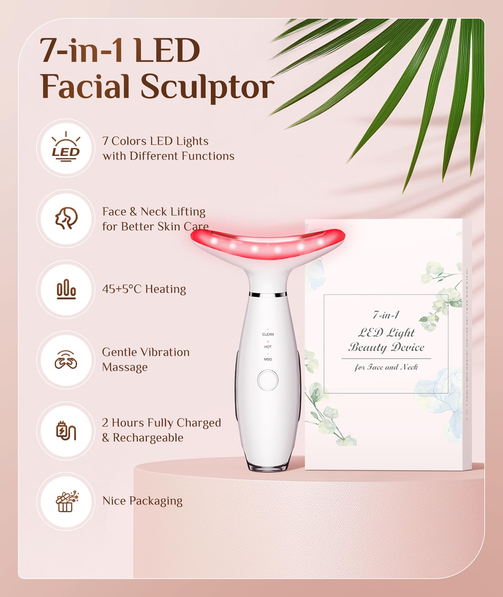 Dopsikn 7 Color Galvanic Machines - Red Light Therapy for Face and Neck, Face Massager Tool for Wrinkles, Double Chin, Vibrating Facial Massager with Thermals, White